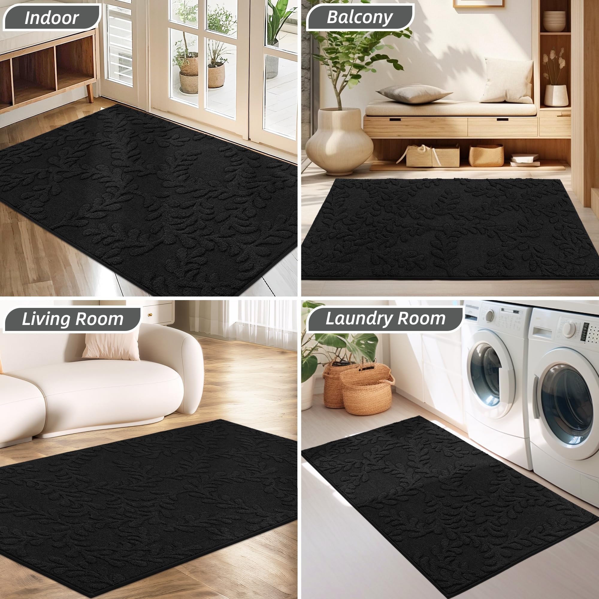 BEQHAUSE Door Mats 20”x32”, Non-Slip TPR Backing Entryway Doormat, Super Absorbent Welcome Mat for Front Door, Mud Shoes & Paws, Washable Entry Rugs, Black