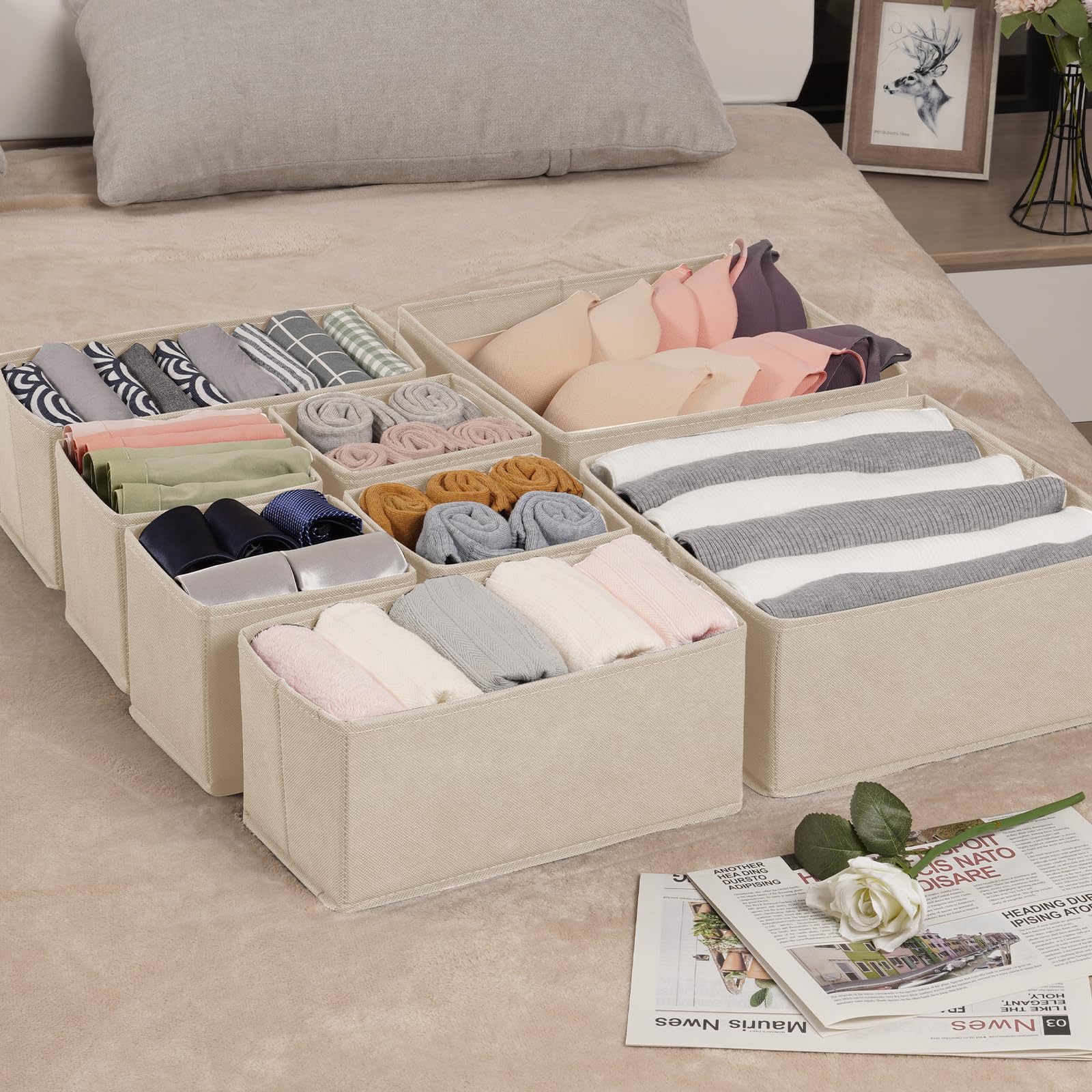 Criusia Drawer Organizer Clothes, 8 Pack Underwear Drawer Organizer, Foldable Cloth Storage Box Closet Organizers and Storage for Clothes, Socks, Scarves, Ties (Beige)