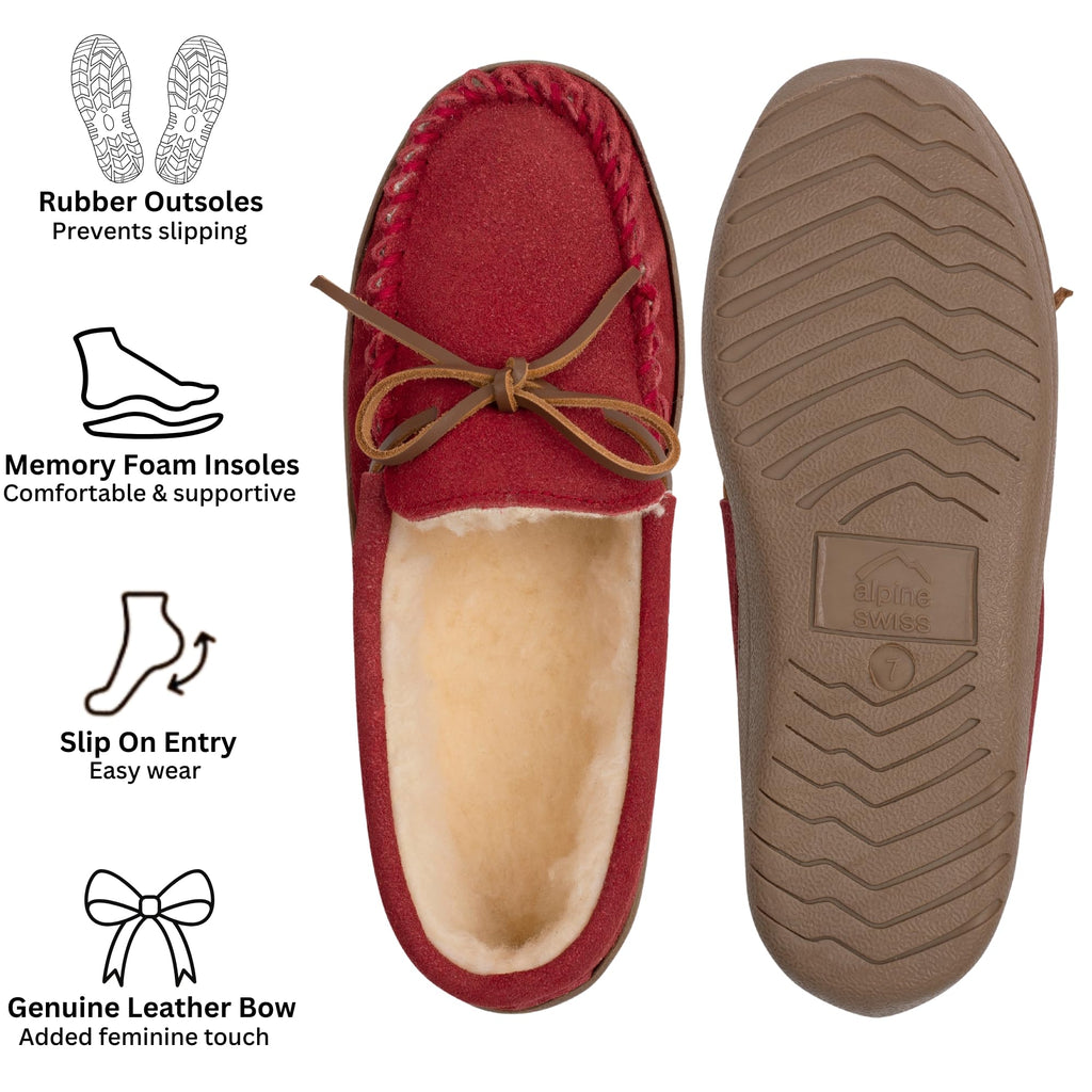 Alpine Swiss Sabine Womens Moccasin Slippers Genuine Suede House Shoe Memory Foam Insole Plush Faux Shearling Fur Indoor Outdoor Anti-Slip Rubber Sole