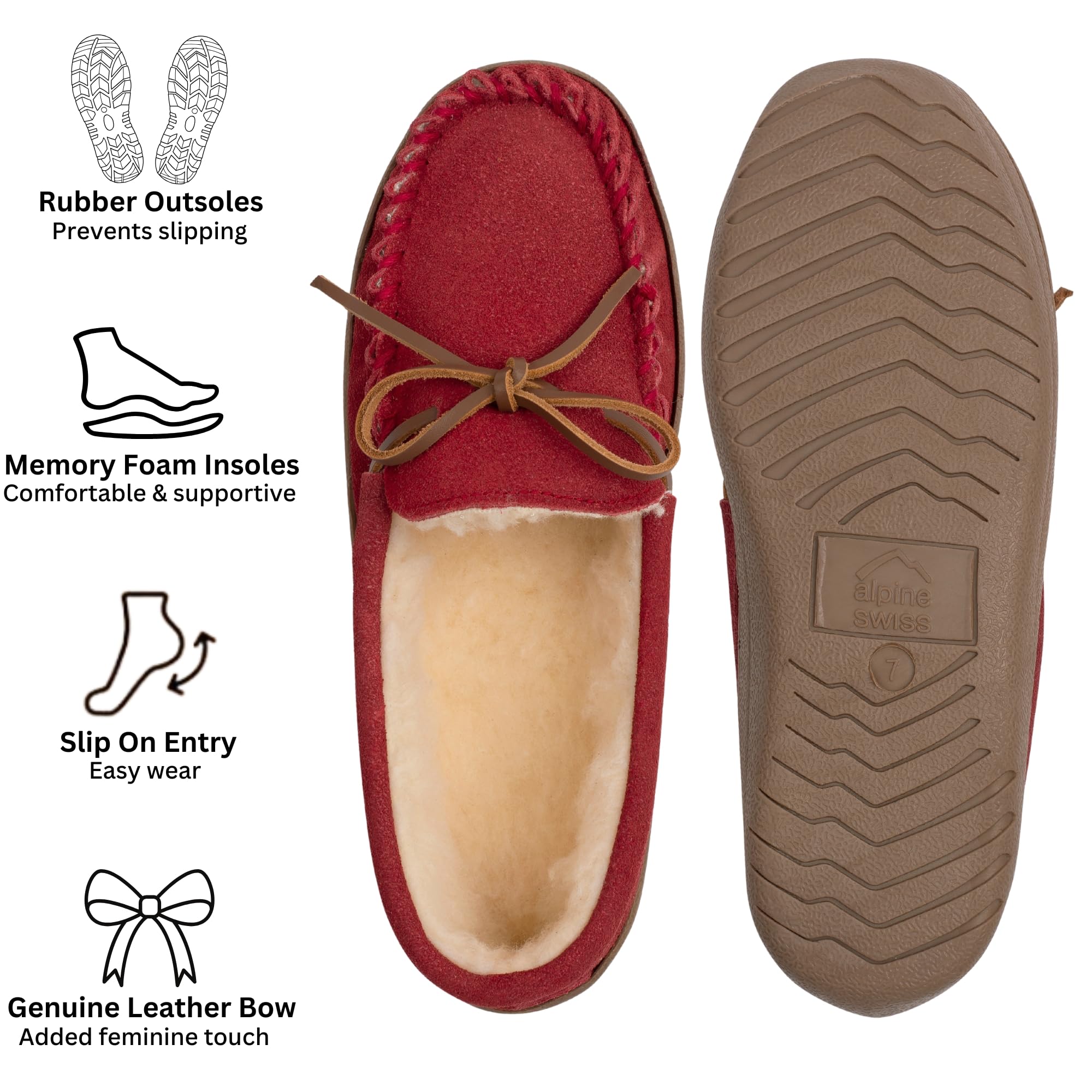 Alpine Swiss Sabine Womens Moccasin Slippers Genuine Suede House Shoe Memory Foam Insole Plush Faux Shearling Fur Indoor Outdoor Anti-Slip Rubber Sole