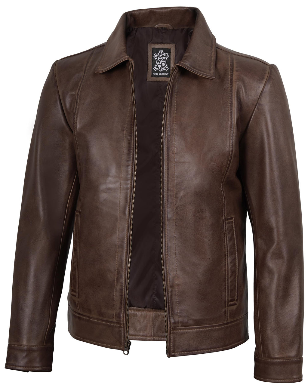 Decrum Vintage Style Mens Leather Jacket - Real Lambskin Classic Shirt Collar Leather Jackets for Men