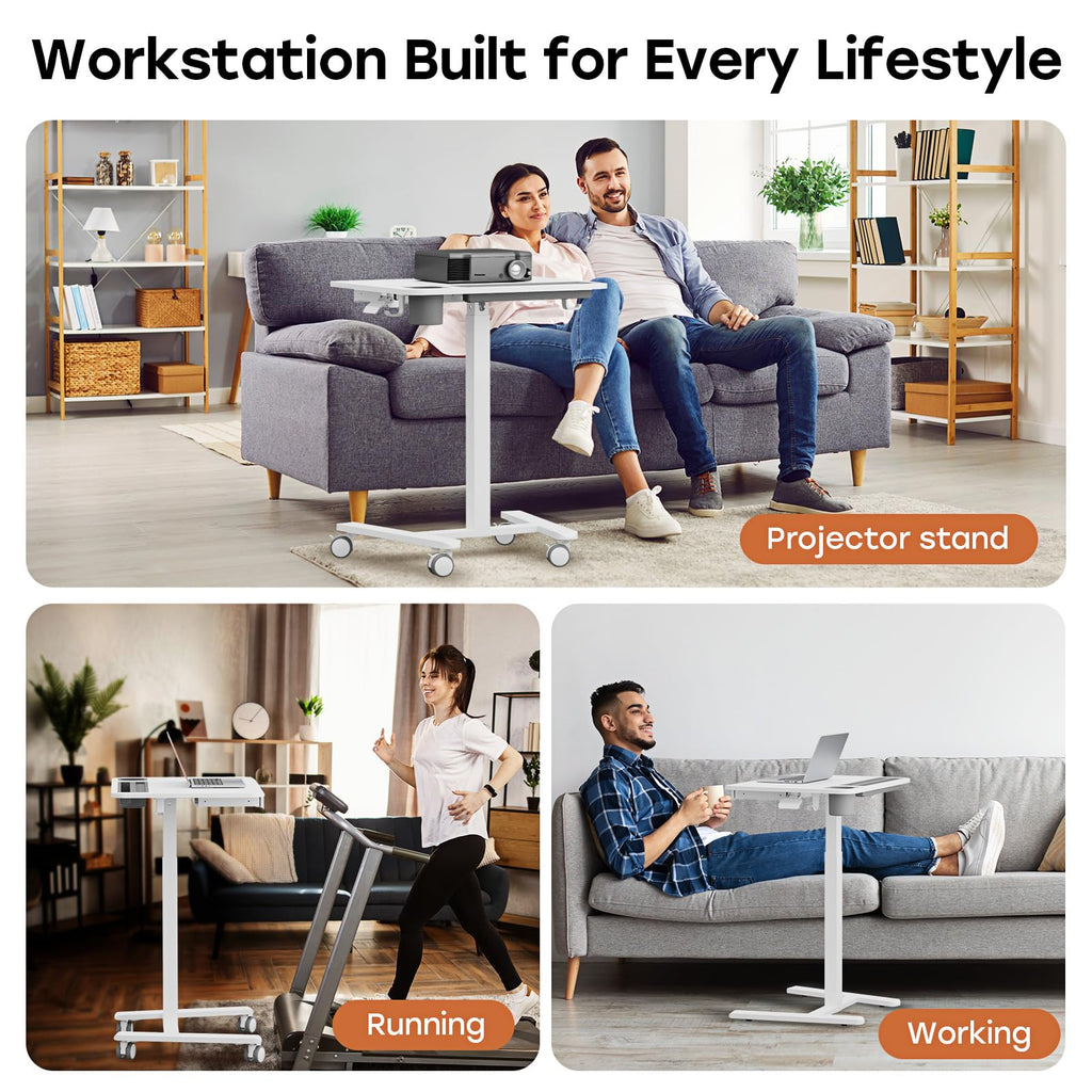 Small Mobile Standing Desk with Drawer, 23.6"x19.7" Rolling Laptop Cart on Wheels, Height Adjustable Sit Stand Computer Workstation with Storage for Compact Space, Black