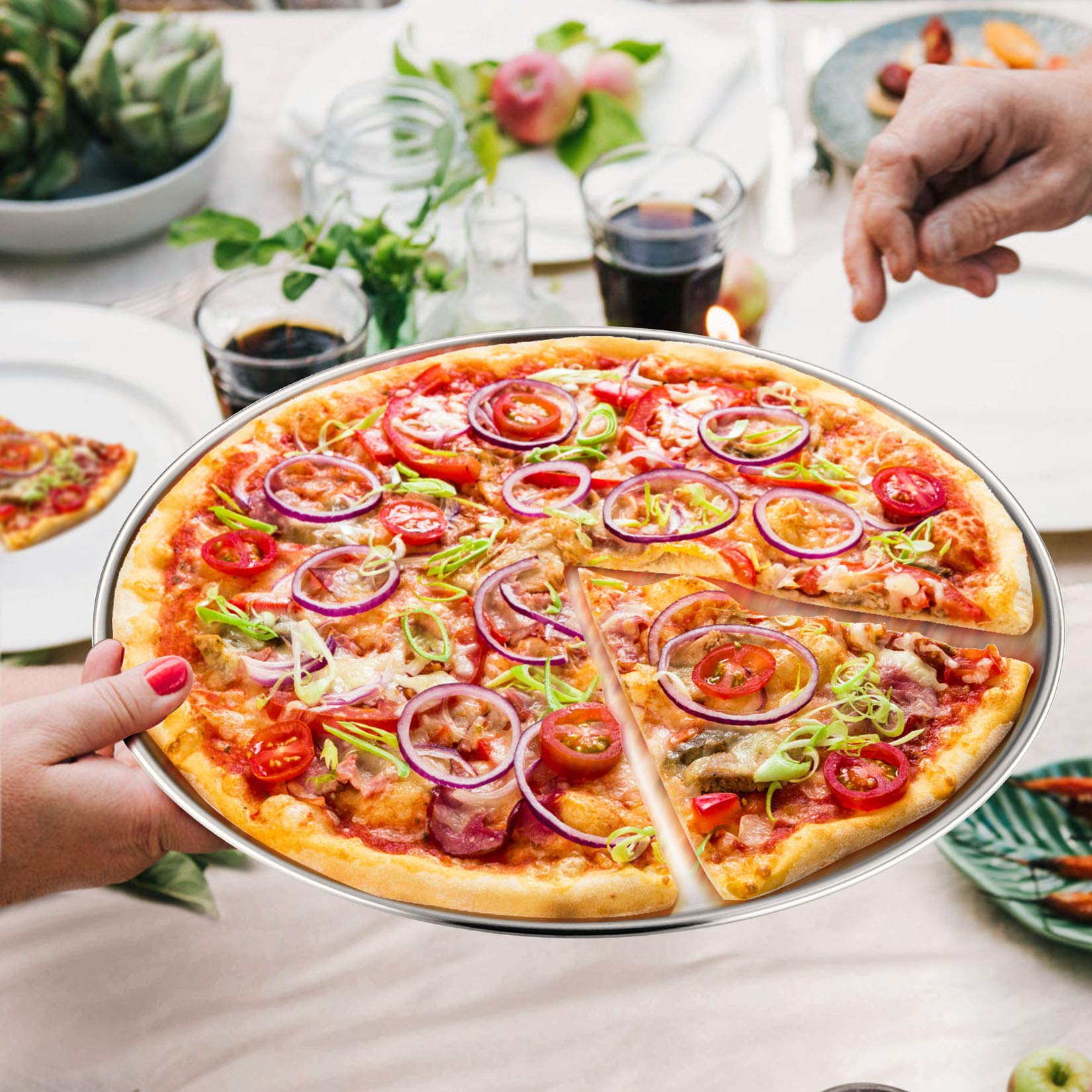 P&P CHEF Pizza Pan Set of 2, Stainless Steel Pizza Tray, Round Pizza Plate For Pie Cookie Pizza Cake, Non Toxic & Heavy Duty, Dishwasher Safe & Easy Clean, 10 Inch & Silver