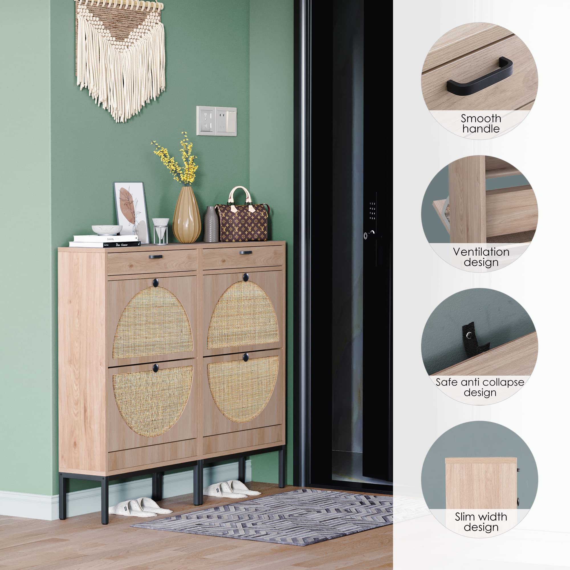Yechen Shoe Rack Storage Organizer with 2 Natural Semi-Circular Rattan Doors, Entryway Wooden Shoe Cabinet for Sneakers, Leather Shoes, Heels, Slippers (Black)