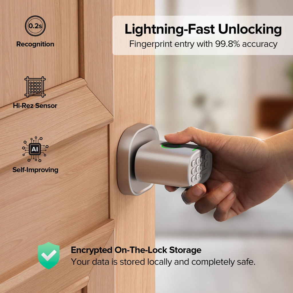 ThorBolt Fingerprint Door Lock with Keypad Door Knob, HomeKit Lock Over 𝗧𝗛𝗥𝗘𝗔𝗗, HomeKit Hub 𝗥𝗲𝗾𝘂𝗶𝗿𝗲𝗱, 𝗶𝗢𝗦 𝗢𝗡𝗟𝗬 Smart Lock for Interior Door, Bedroom, Office, MK1 Black