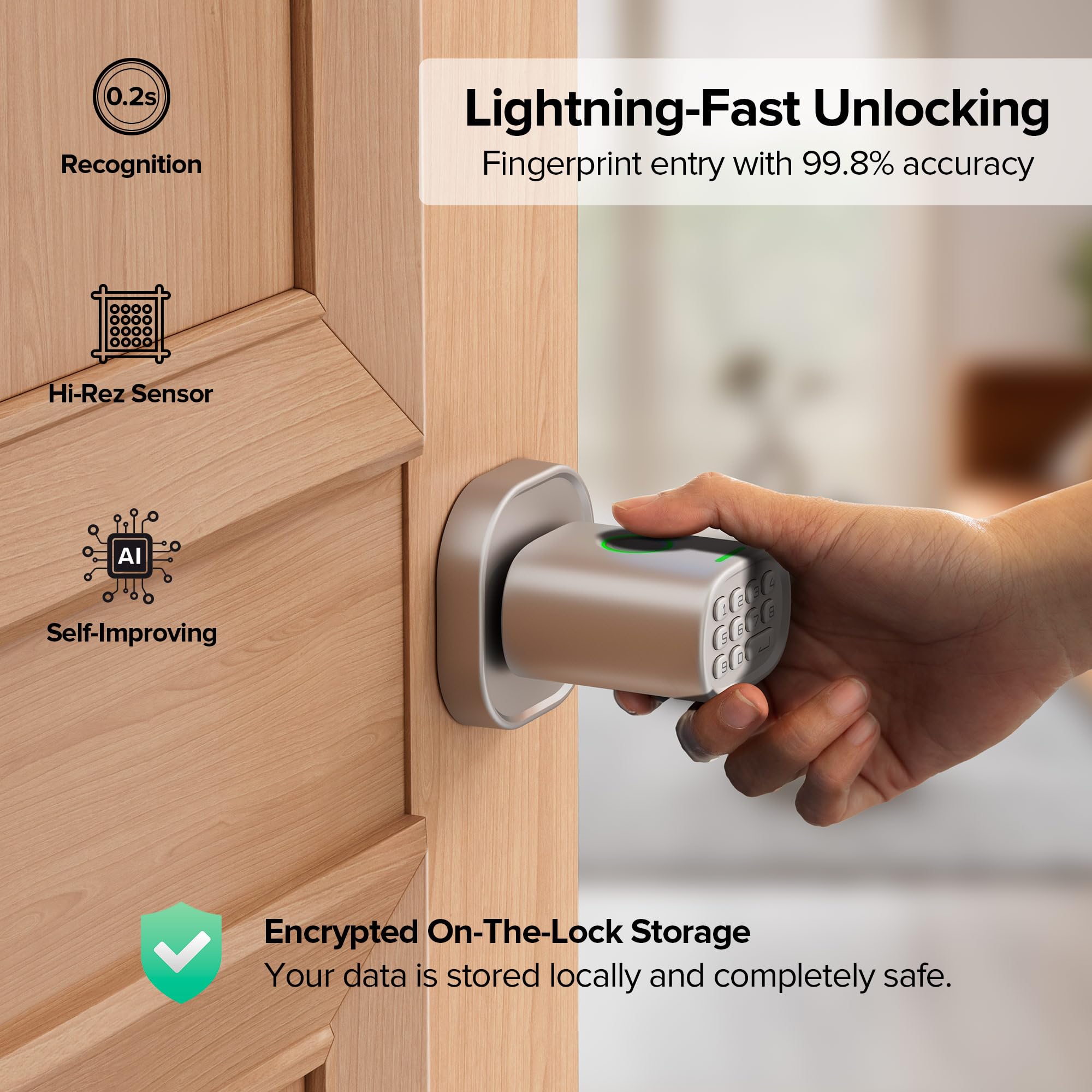 ThorBolt Fingerprint Door Lock with Keypad Door Knob, HomeKit Lock Over 𝗧𝗛𝗥𝗘𝗔𝗗, HomeKit Hub 𝗥𝗲𝗾𝘂𝗶𝗿𝗲𝗱, 𝗶𝗢𝗦 𝗢𝗡𝗟𝗬 Smart Lock for Interior Door, Bedroom, Office, MK1 Black