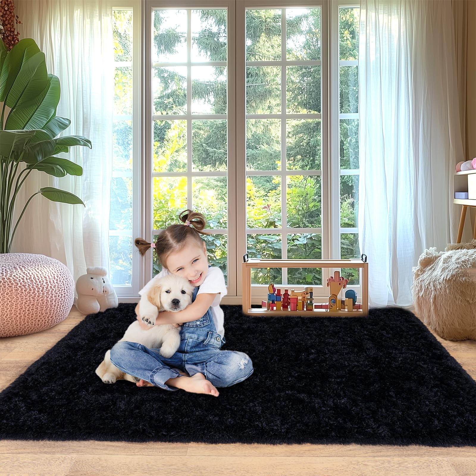 Beige Fluffy Rug for Bedroom 4x6ft - Ultra Soft & Non Slip Shaggy Area Rug, Comfy Durable Carpet for Living Room Kids Room Teens Dorm Home Decor, 1.7'' Thick Indoor Plush Carpets