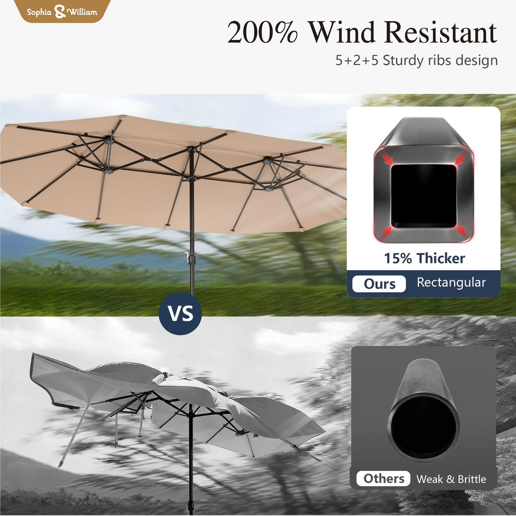 Sophia & William 15 ft Extra Large Patio Umbrella with Base Included, Rectangular Outdoor Umbrella Heavy Duty, Market Umbrella Double-sided Fade Resistant for Pool Garden Backyard, Beige