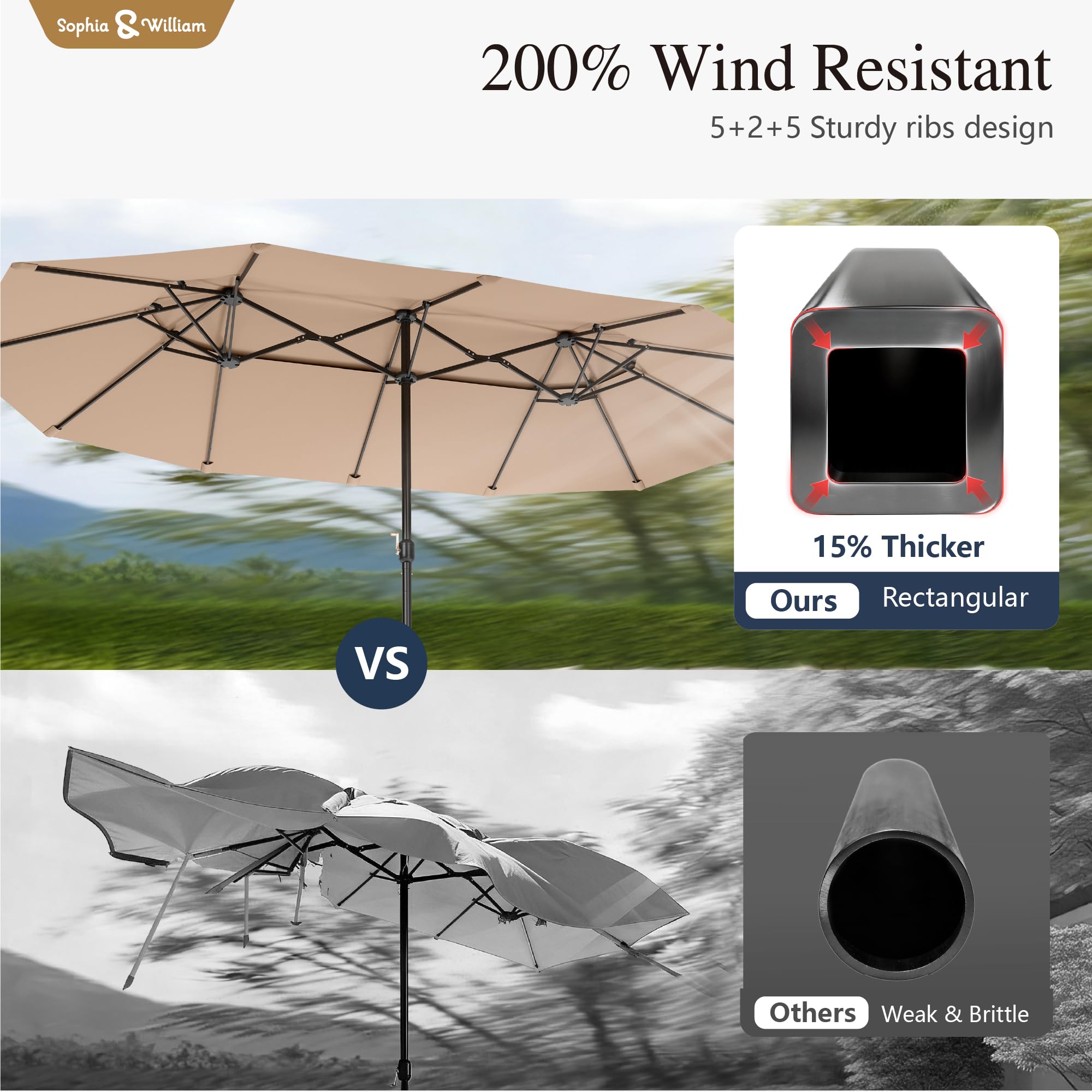 Sophia & William 15 ft Extra Large Patio Umbrella with Base Included, Rectangular Outdoor Umbrella Heavy Duty, Market Umbrella Double-sided Fade Resistant for Pool Garden Backyard, Beige