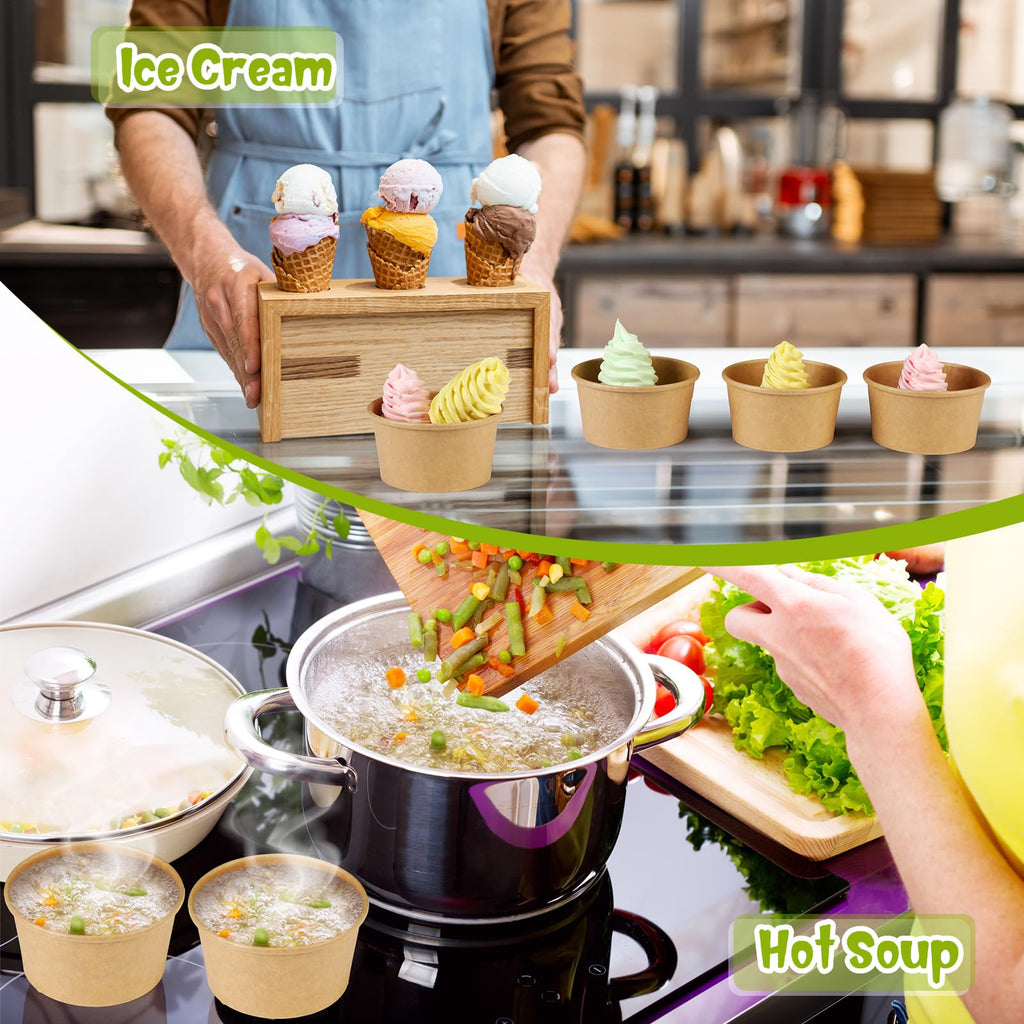 Fulmoon 100 Pack Paper Soup Containers with Lids Disposable Paper Food Containers with Vented Lid Kraft Ice Cream Cake Dessert Cups Soup Bowl for Party Hot Food Fruit Microwave(4 oz,Brown)