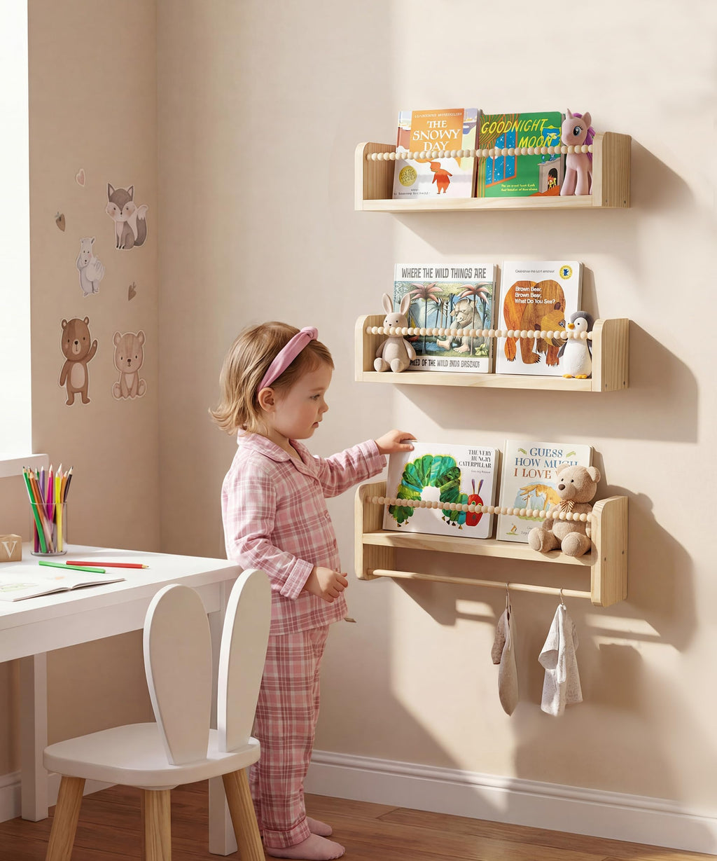 Nursery Book Shelves for Wall Set of 3, Natural Wood Bookshelves Wall Decor, Small Floating Shelf Organizer for Kids Room, Bedroom, Kitchen Spice Rack