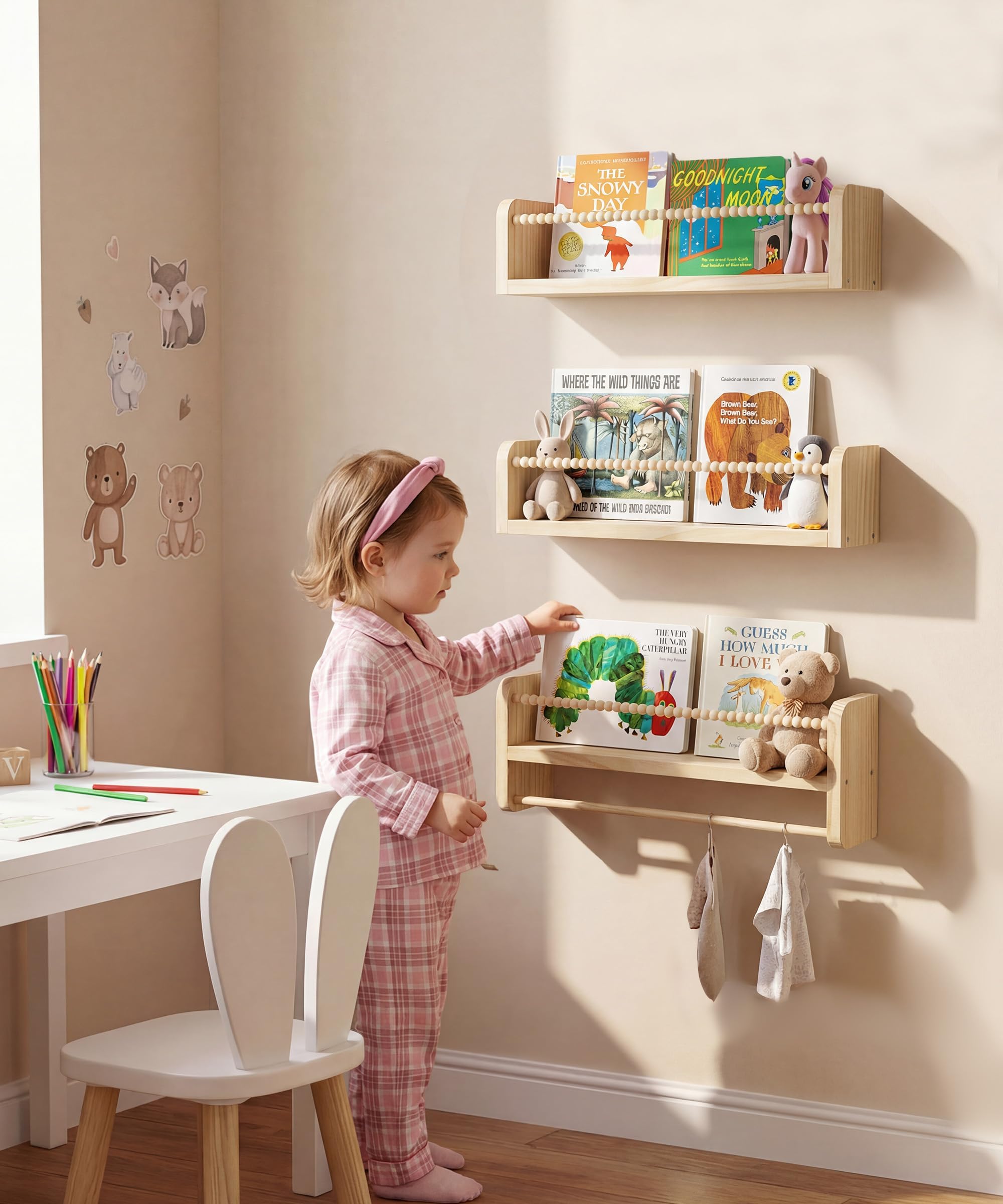 Nursery Book Shelves for Wall Set of 3, Natural Wood Bookshelves Wall Decor, Small Floating Shelf Organizer for Kids Room, Bedroom, Kitchen Spice Rack