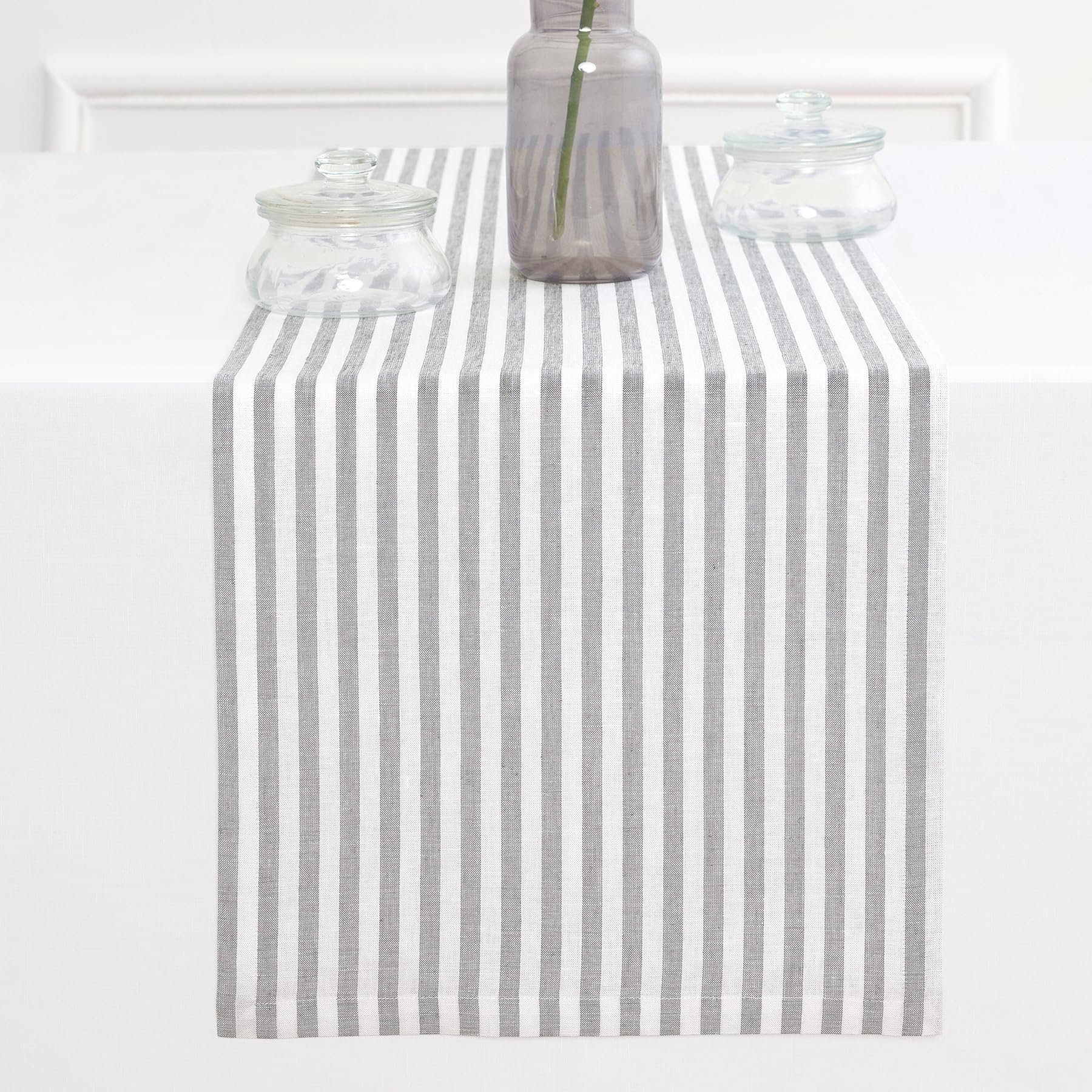 Solino Home Linen Table Runner 36 Inches - Amalfi Stripe 100% Pure Linen Natural and White Table Runner 14 x 36 Inch Ideal for Dresser and Coffee Tables - Summer