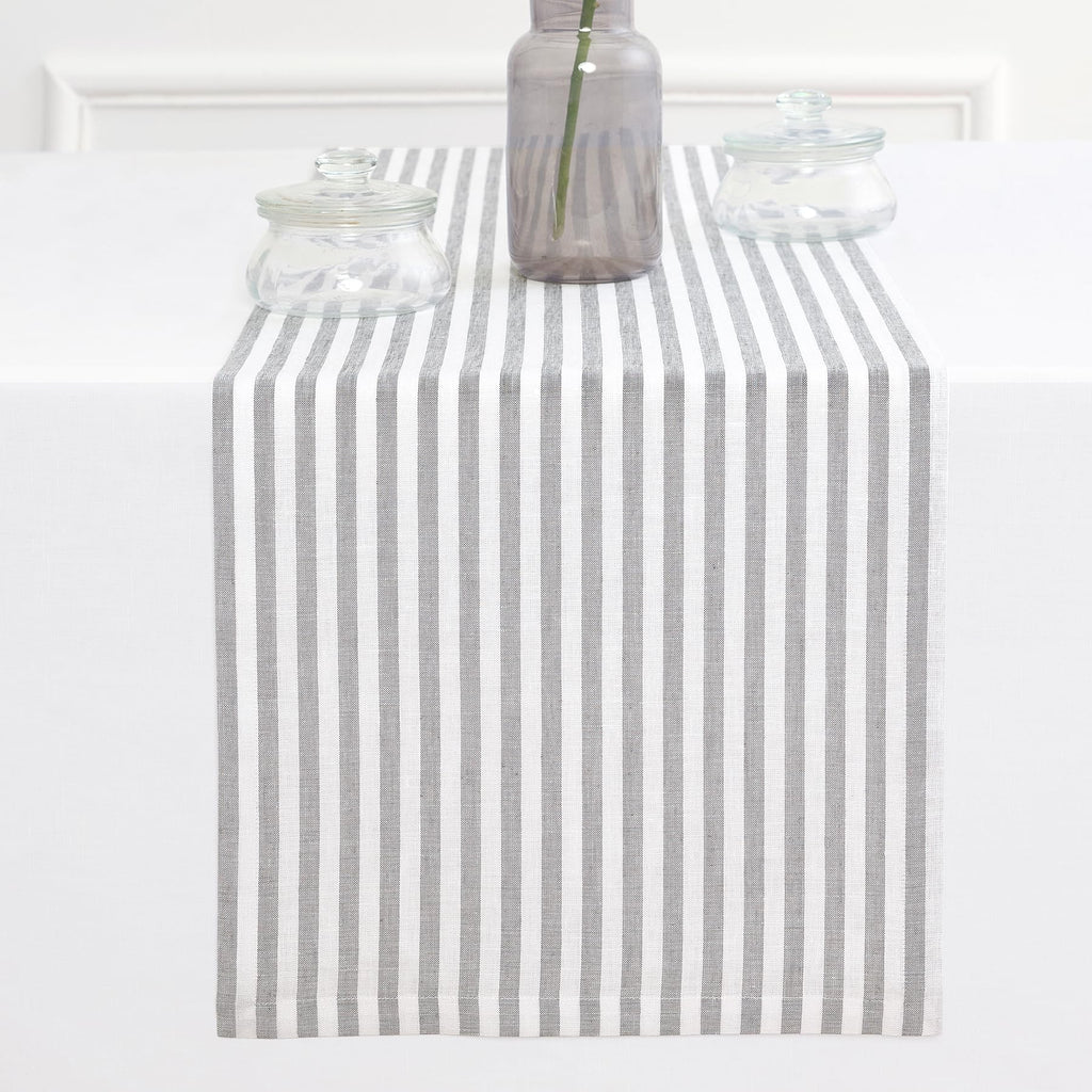 Solino Home Linen Table Runner 36 Inches - Amalfi Stripe 100% Pure Linen Natural and White Table Runner 14 x 36 Inch Ideal for Dresser and Coffee Tables - Summer