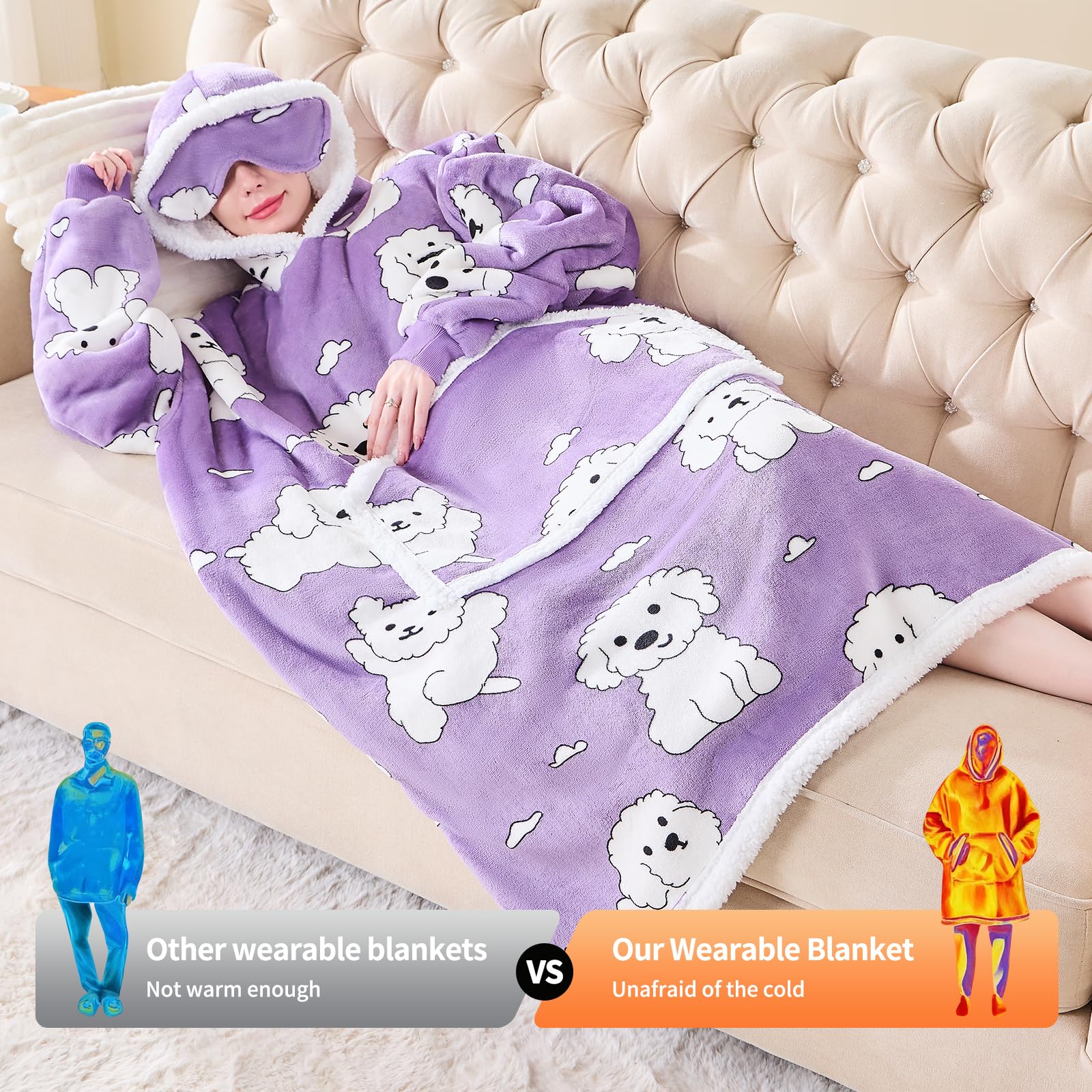 IFNOW Wearable Blanket Hoodie, Oversized Sherpa Fleece Hooded Sweatshirt with Eye Mask, Cozy and Giant Blanket Hoodie with Sleeves Extra Long for Adults Men Women, Black