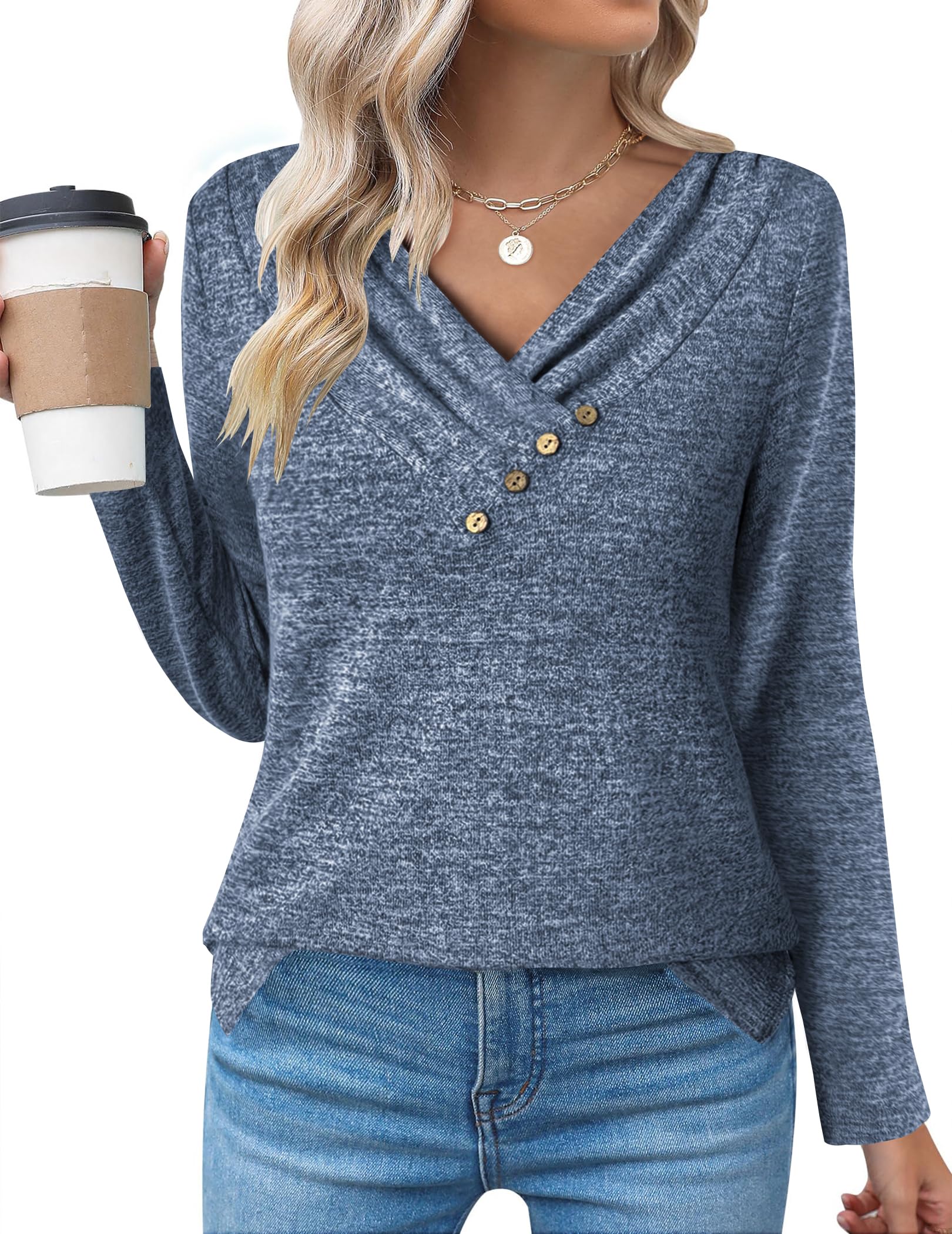 Zeagoo Women's Casual Tunic Tops Long Sleeve Shirts for Leggings V Neck Button Fall Pullover Blouse Loose Sweatshirts