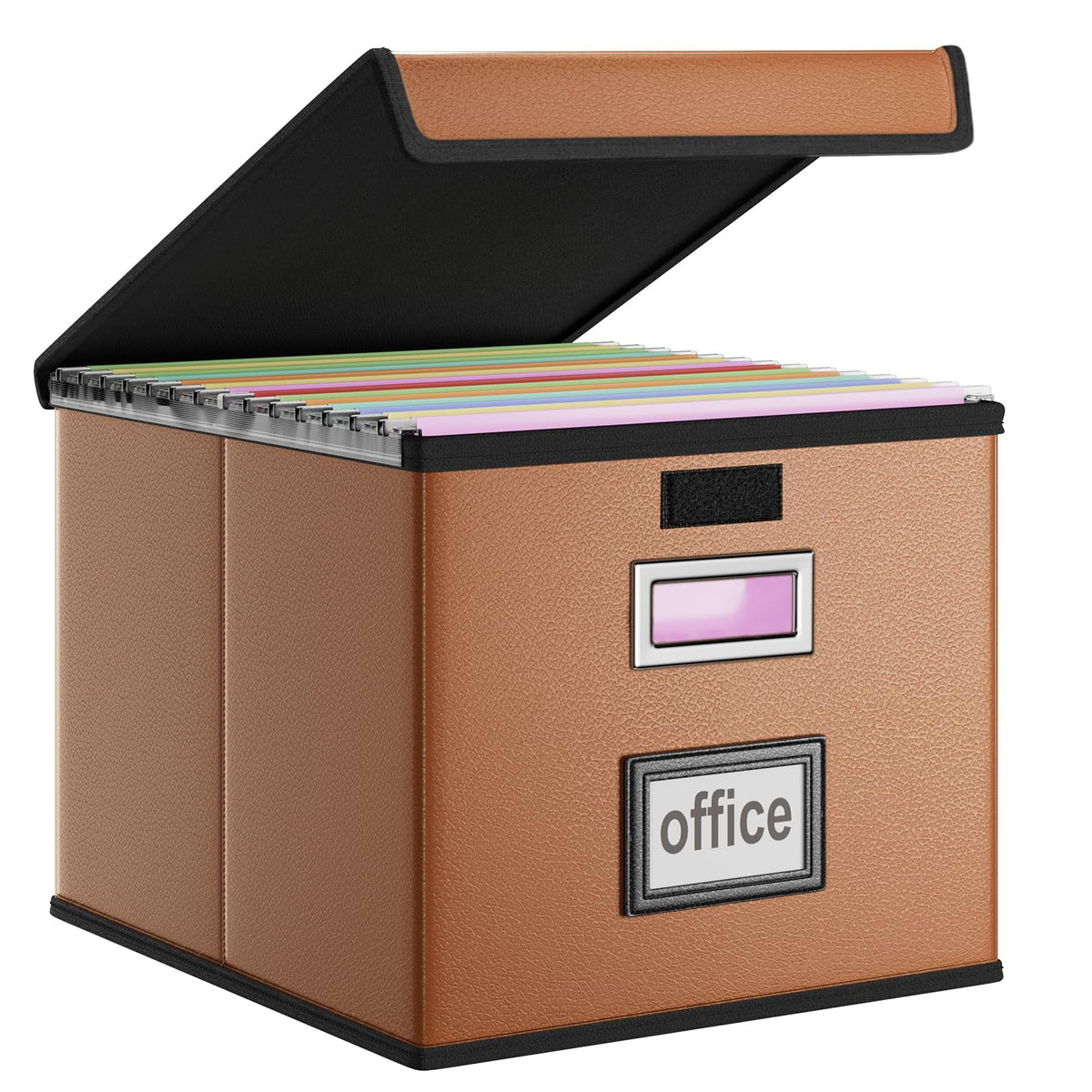 File Organizer Box with Lid, Collapsible Faux Leather Hanging File Folder Box Organizer with Plastic Slides, Decorative Home/Office Filing System Boxes for File and Folders Storage