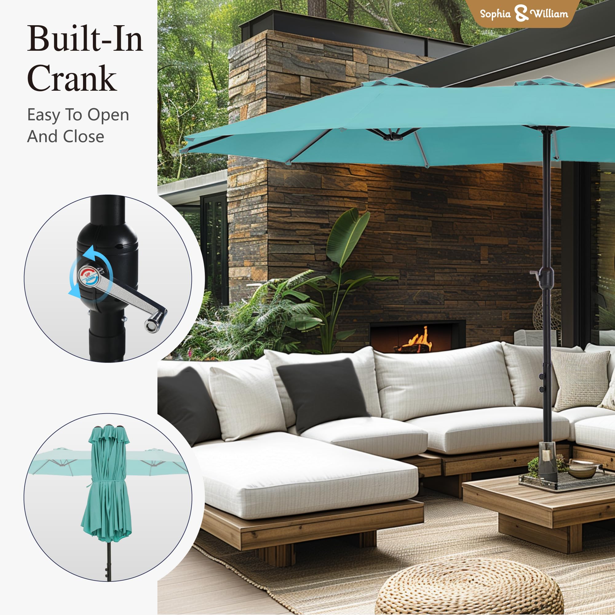 Sophia & William 15 ft Extra Large Patio Umbrella with Base Included, Rectangular Outdoor Umbrella Heavy Duty, Market Umbrella Double-sided Fade Resistant for Pool Garden Backyard, Beige