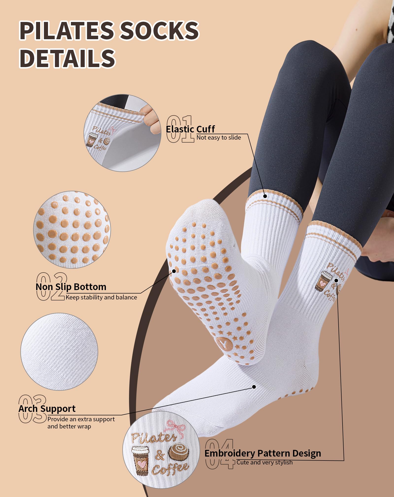 Yawlsow Pilates Grip Socks for Women Yoga Grippy Socks Cute Barre Non Skid Athletic Crew Sticky Sock Workout Hospital