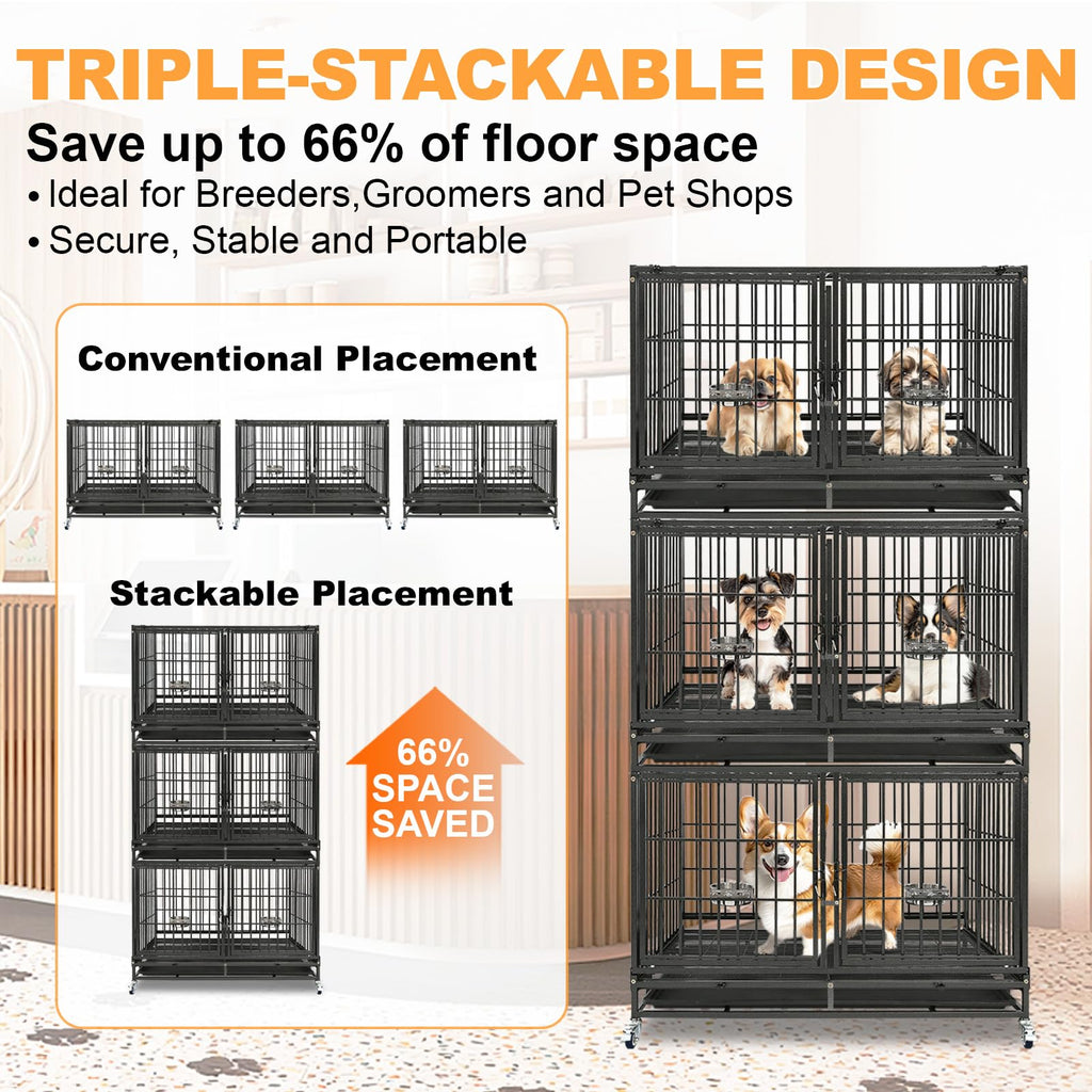 Homey Pet 37 inch Stackable Heavy Duty Dog Crate, Indestructible Escape Proof Dogs Cage Kennel with Lockable Wheels, Removable Tray & Metal Grid, Double Doors for High Anxiety Medium/Small Dogs