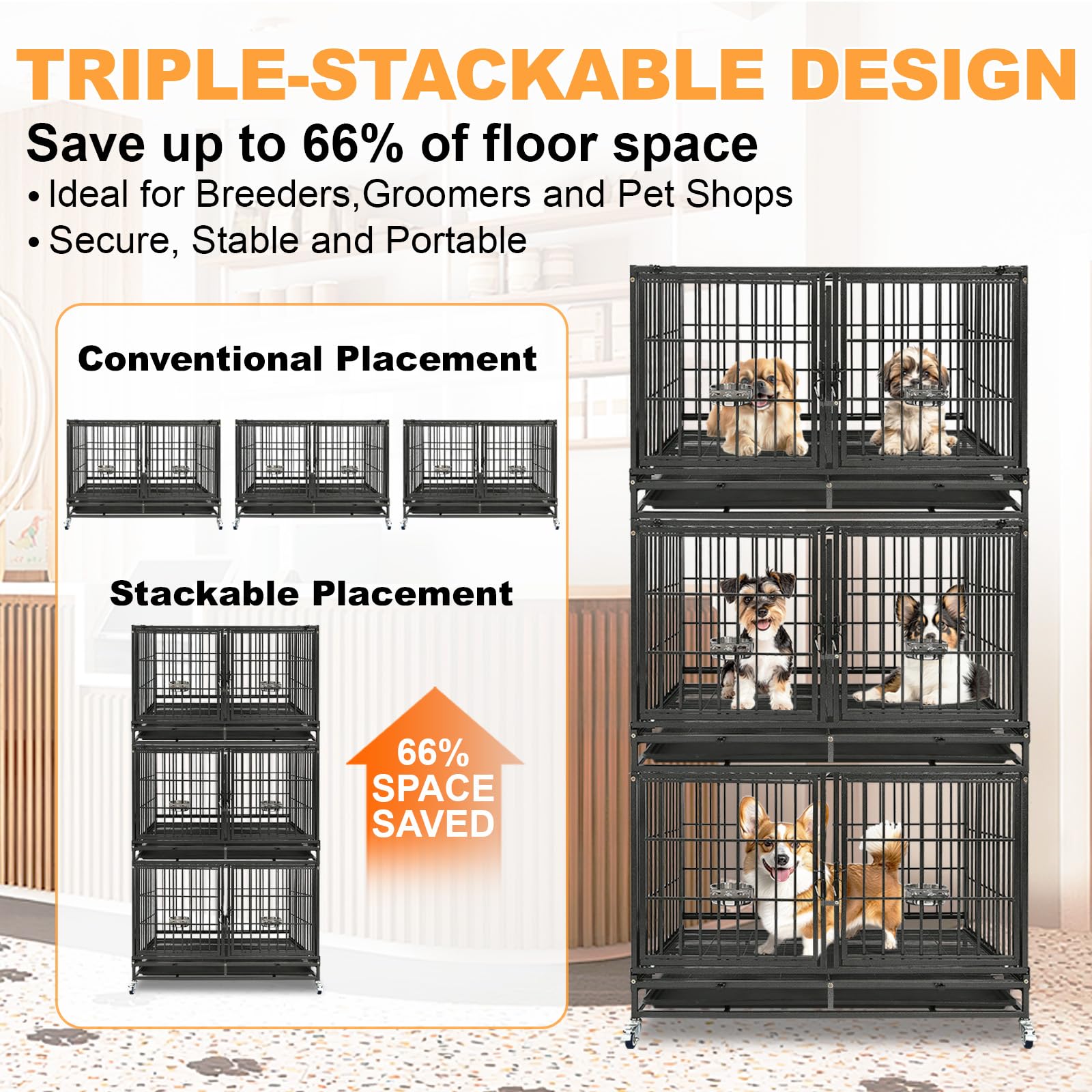 Homey Pet 37 inch Stackable Heavy Duty Dog Crate, Indestructible Escape Proof Dogs Cage Kennel with Lockable Wheels, Removable Tray & Metal Grid, Double Doors for High Anxiety Medium/Small Dogs