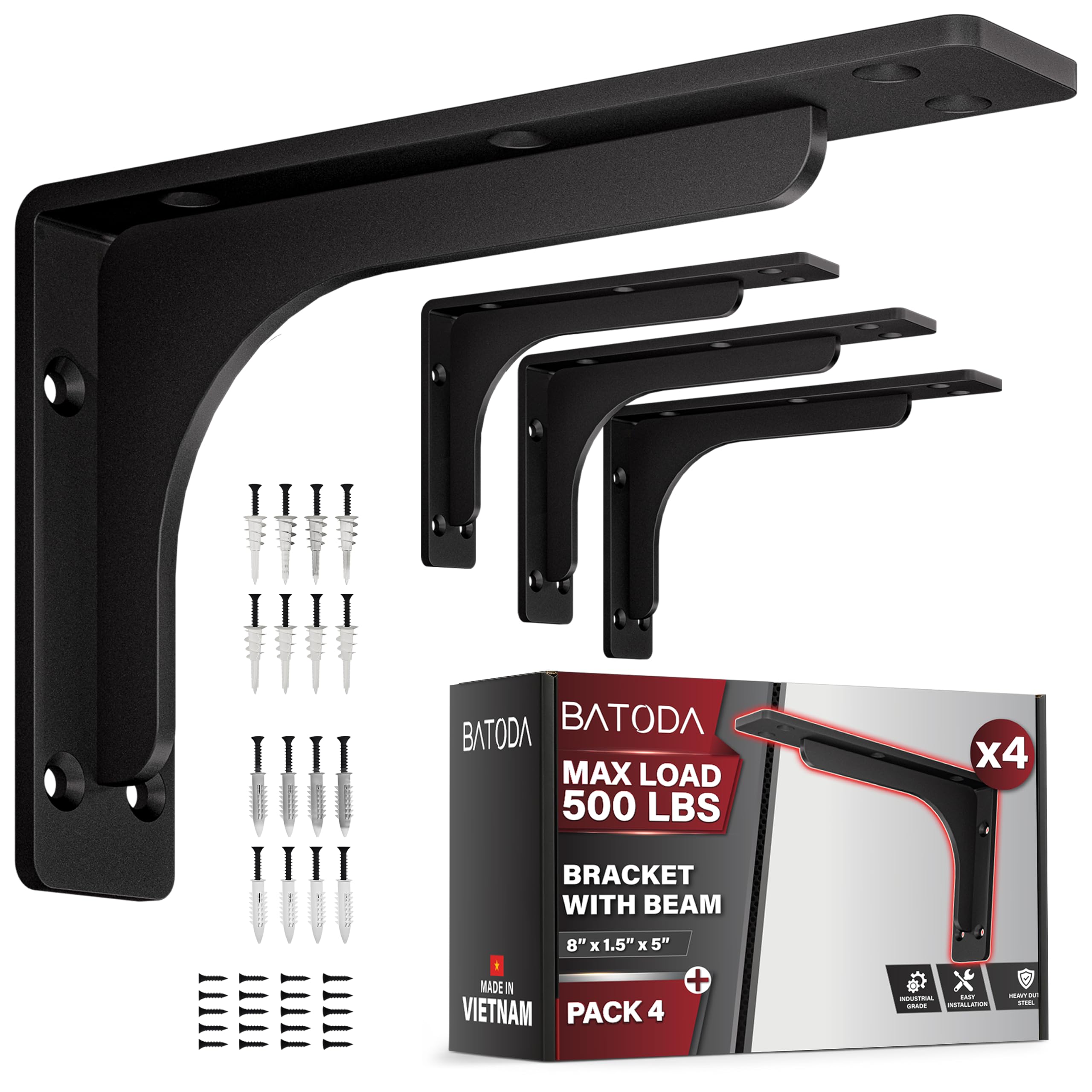 BATODA 8" x 5" L Bracket with Beam - Shelf Brackets Black 300 Lbs Capacity - Heavy Duty Shelving Brackets for Floating Shelves - Wall Mounted Support for DIY – Mounting Hardware Included (Pack 4)
