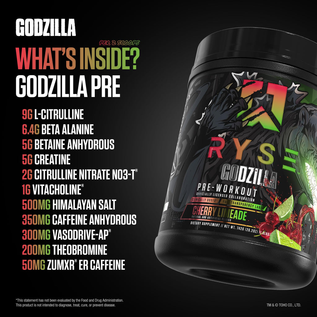 RYSE Godzilla X Noel Deyzel Pre Workout Powder - BlackBerry Lemonade - 400mg Caffeine, High Stim Pre-Workout for Men & Women with Citrulline & Beta Alanine - Energy, Pump & Focus - 20/40 Servings