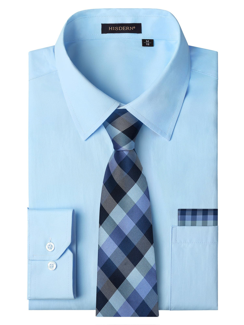 HISDERN 503 Mens Dress Shirt Slim Fit Long Sleeve Button Down Wrinkle Free Set with Tie Pocket Square Formal Business Wedding