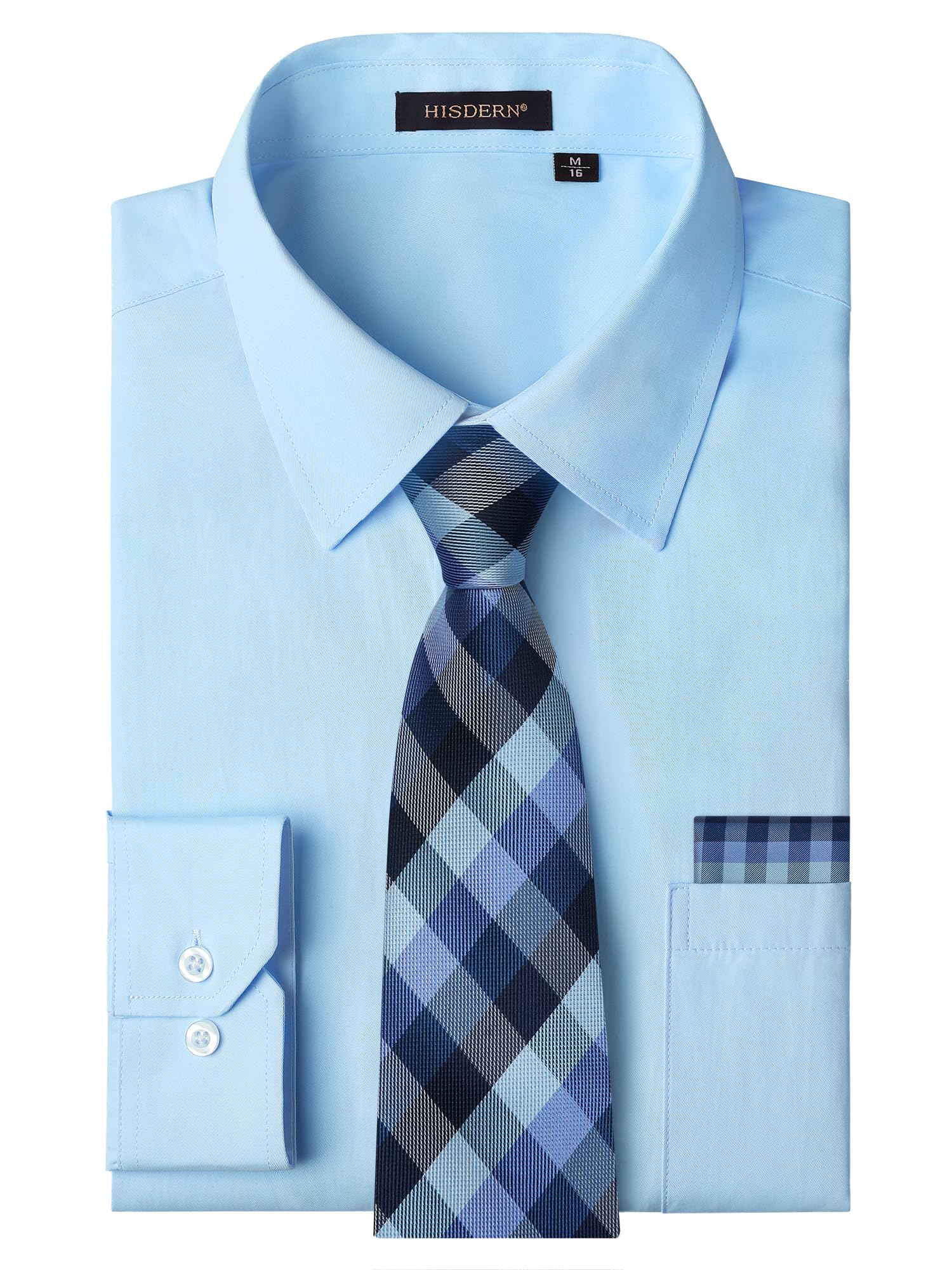 HISDERN 503 Mens Dress Shirt Slim Fit Long Sleeve Button Down Wrinkle Free Set with Tie Pocket Square Formal Business Wedding