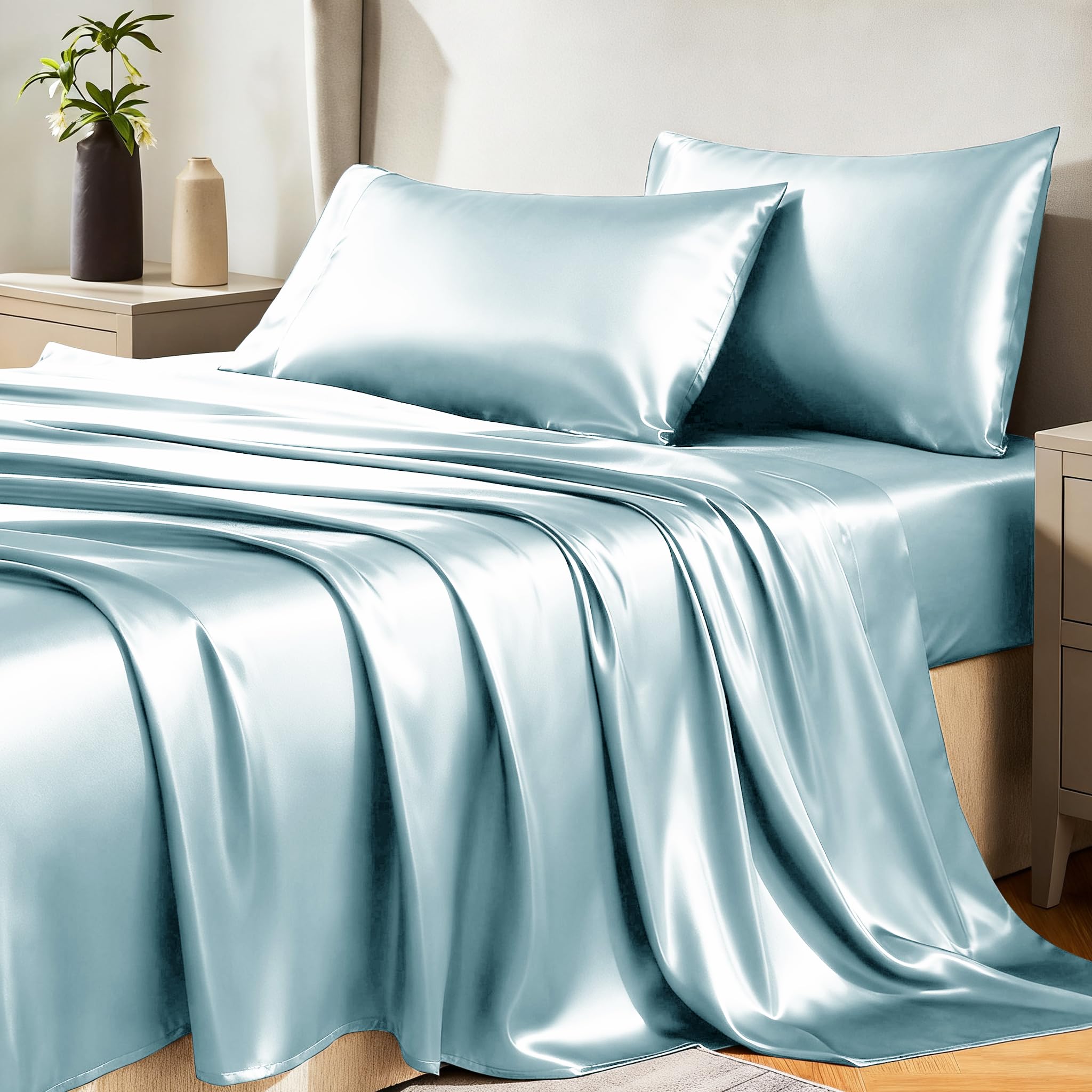 CozyLux Satin Sheets Twin Sheet Set - Silky Soft Bedding Similar to Silk, 3 Piece Sheets for Hair and Skin, Deep Pocket with All-Around Elastic, Home Decor for Bedroom, Black