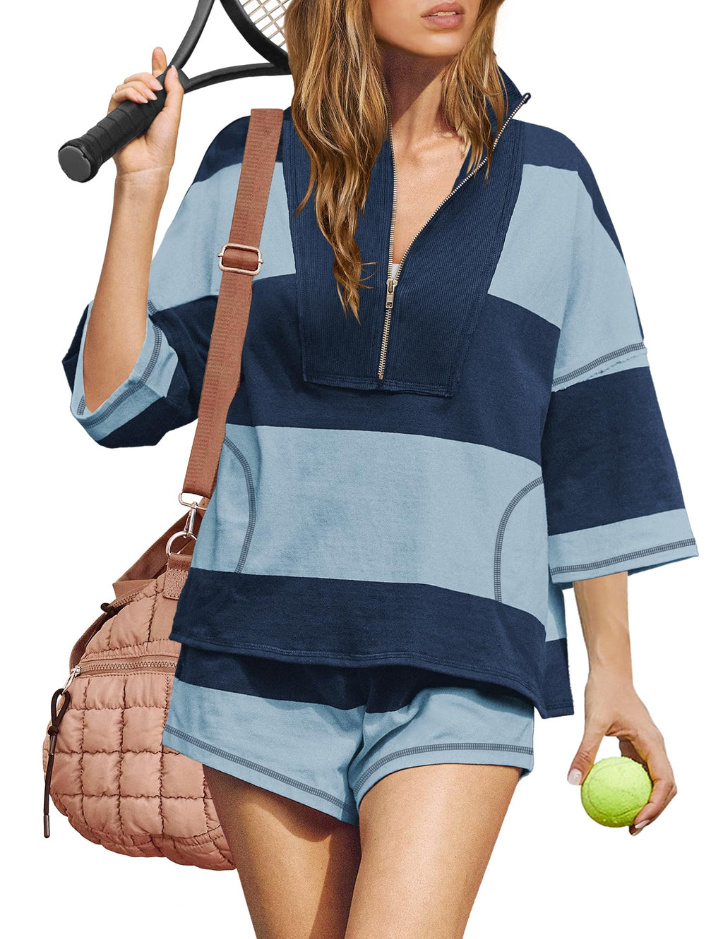 ReachMe Womens Workout Striped Short Sets 2 Piece Outfits Summer Matching Lounge Sets Top and Shorts with Pockets