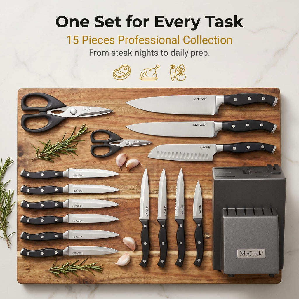 McCook® Knife Sets,German Stainless Steel Kitchen Knife Block Set with Built-in Sharpener, 20-Piece Razor-Sharp Kitchen Knives, Forged Triple Rivet,Full Tang,Ergonomic Handle,Elegant Box for Gift