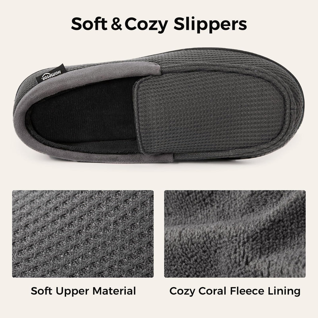 HomeTop Men's Comfort Memory Foam Moccasin Slippers, Breathable Cotton Knit Terry Cloth House Shoes for Indoor Outdoor