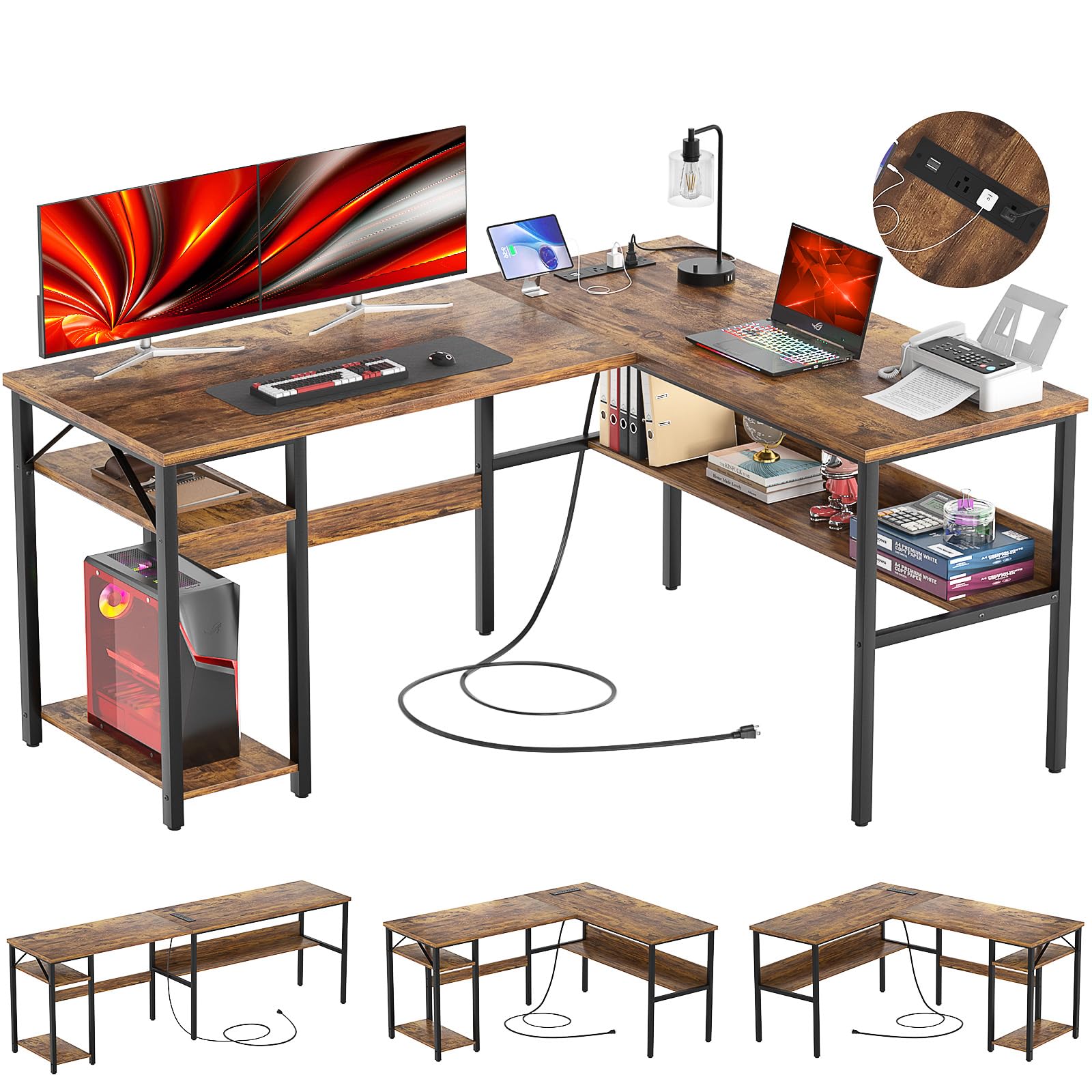 Reversible L Shaped Gaming Desk with Power Outlets and USB Charging Ports, Sturdy Computer Desk with Storage Shelf, Modern Corner Desk Home Office Table, Easy to Assemble, Gray Oak