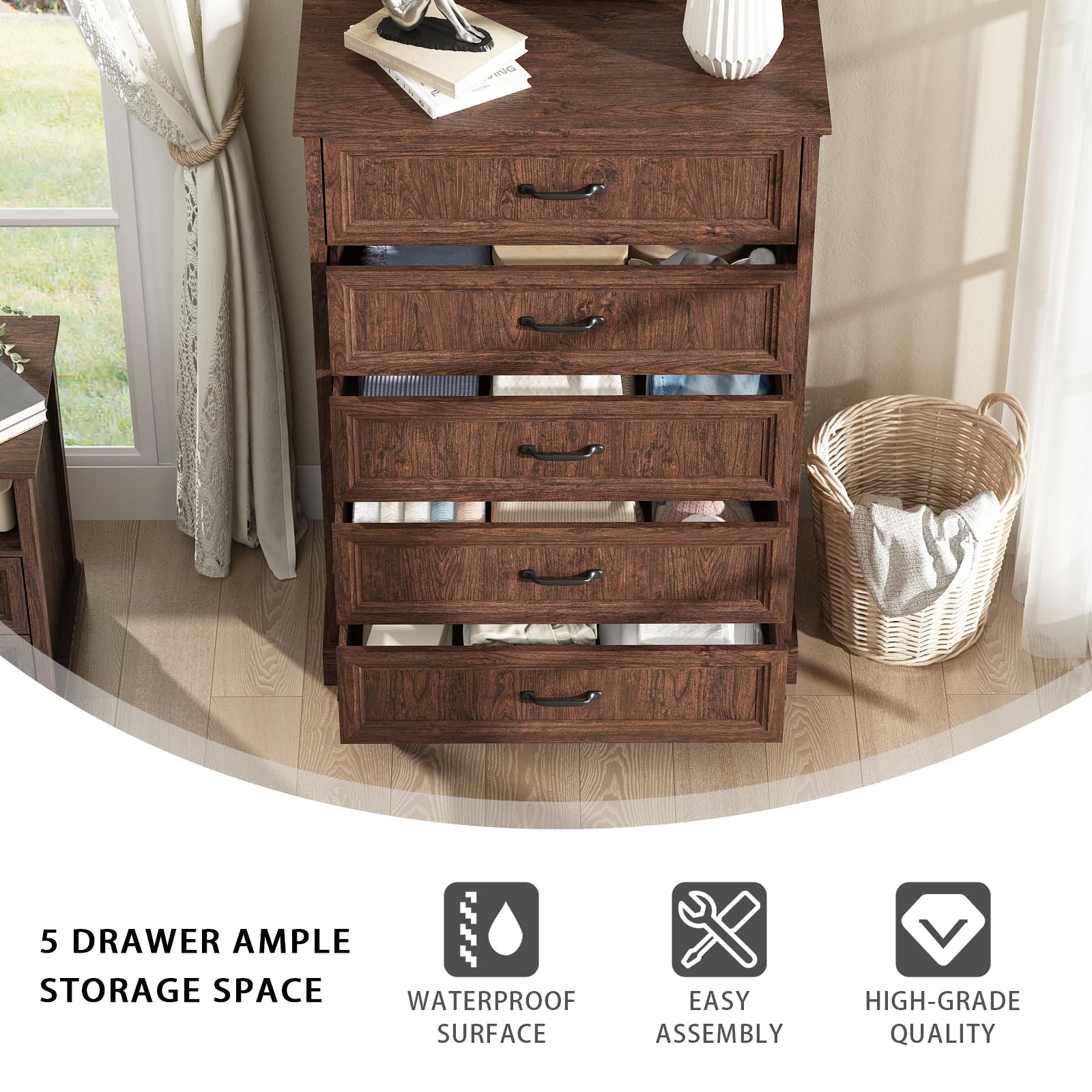 Farmhouse 5 Drawers Dresser for Bedroom, 44" Tall Brown dresser Wood Rustic Chest of Drawers with Wide Metal Handle,Natural Texture,Drawer Organizer for Bedroom,Living Room,Hallway and Entryway