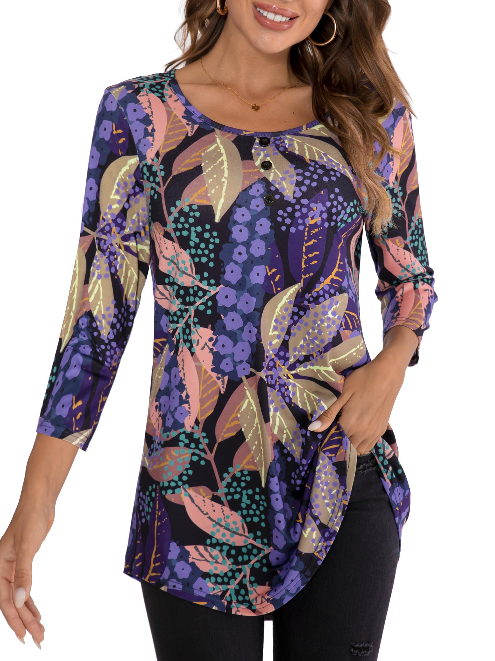 BAISHENGGT Womens Tops 3/4 Sleeve Round Neck Casual Tunic Tops Fall Fashion 2025 Dressy Casual Blouses