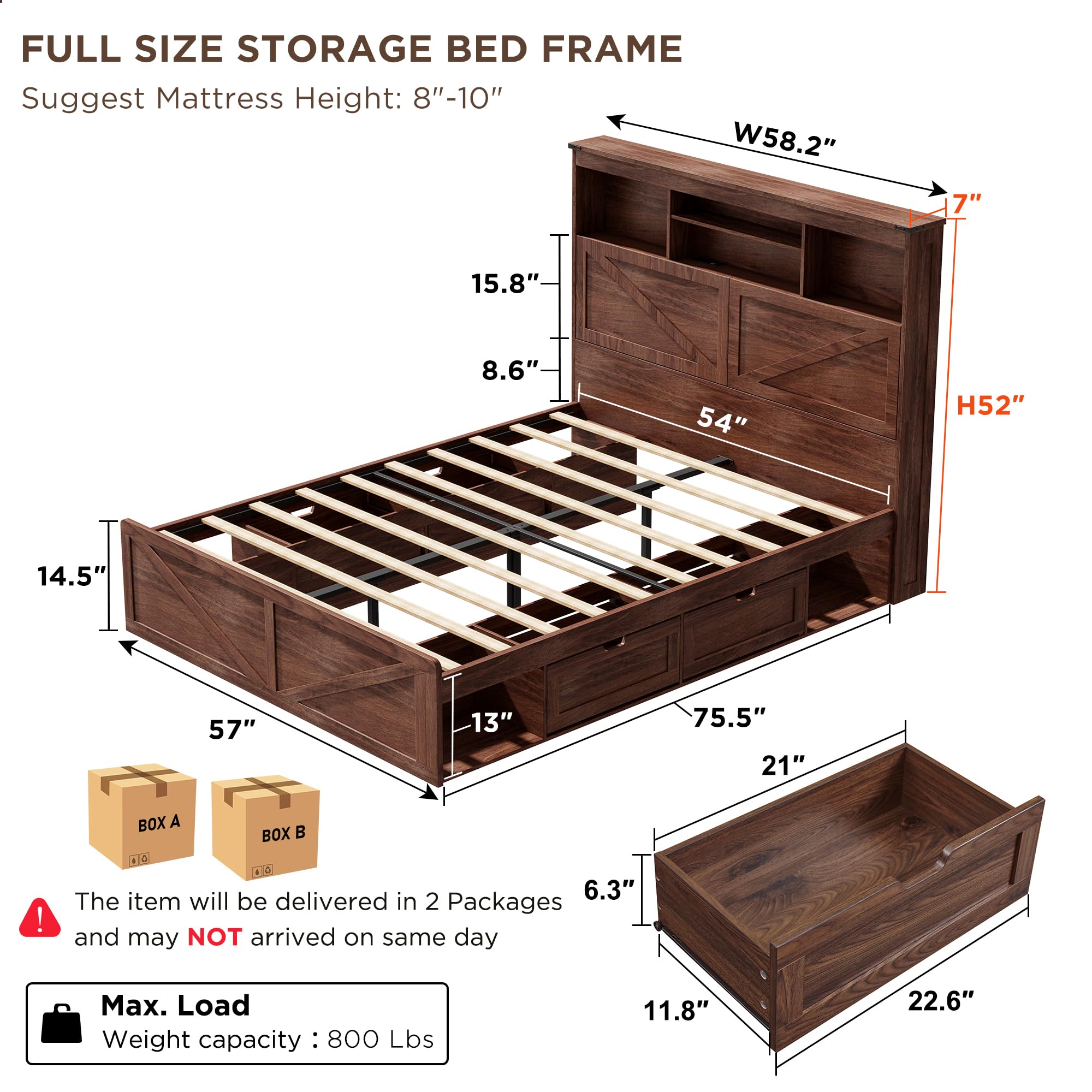 ACCOHOHO Farmhouse Queen Size Bed Frame with 52" Storage Bookcase Headboard and 4 Drawers,Wood Bed Frame with LED Light and Charging Station,Natural Oak