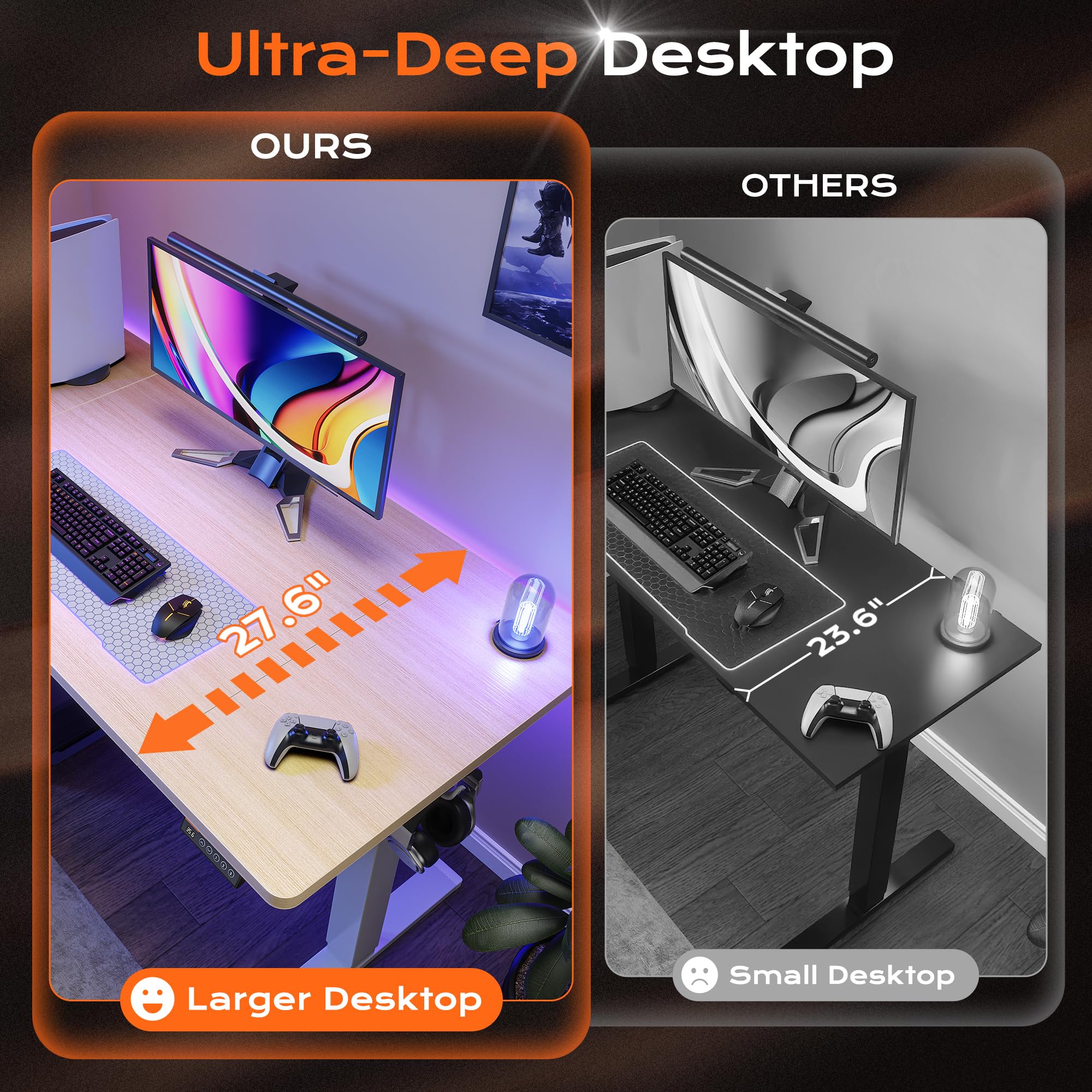Huuger 48 x 28 Large Electric Standing Desk, Height Adjustable Desk, 27.6" Deep Desktop, Stand up Gaming, 2 Hooks, 3 Preset Heights, for Home Office, Black