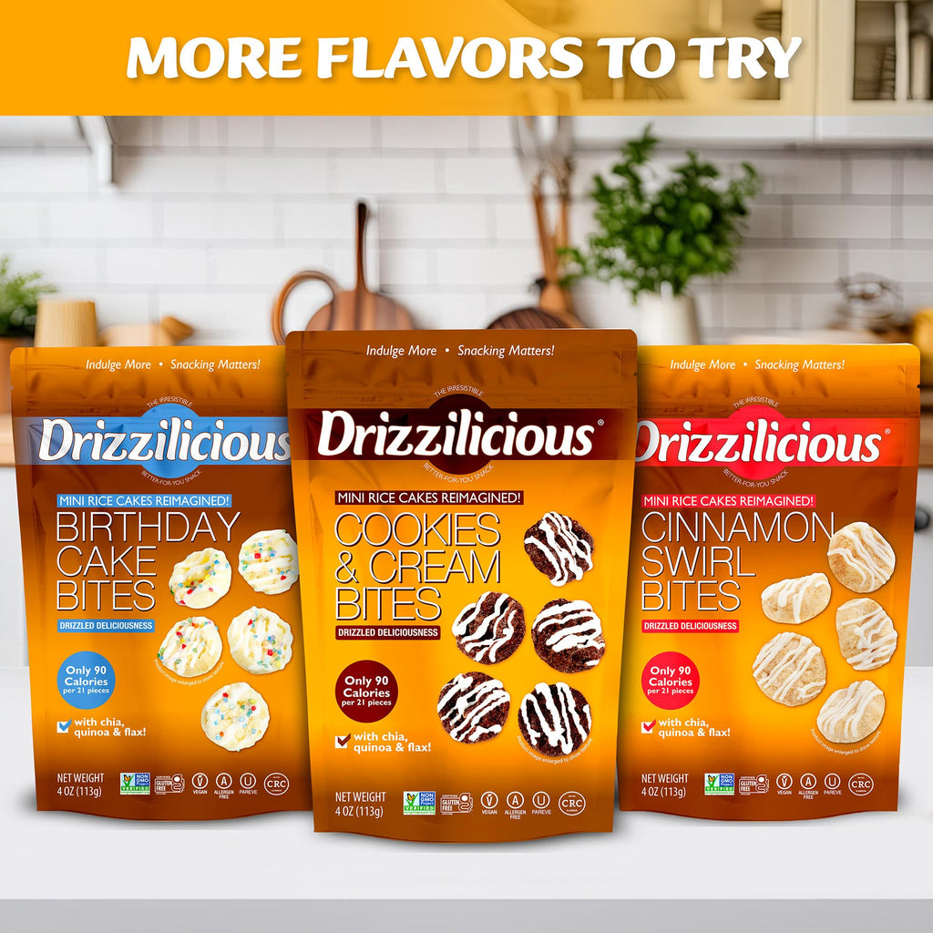 Drizzilicious Mini Flavored Rice Cakes - Rice Crisps, Healthy Snack for Adults and Kids, Vegan, Gluten Free Snack, 90 Calories Per 21 Pieces, S'mores & Cinnamon Swirl - 4 oz (Pack of 6)
