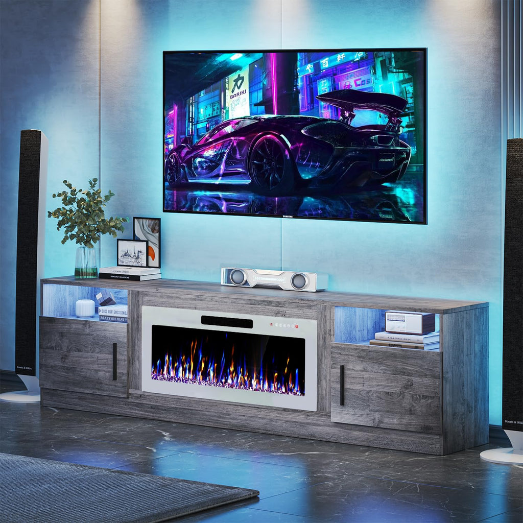 VITESSE 58 Inches Fireplace TV Stand for TVs up to 65 Inches Console with 18'' Electric Fireplace & Remote,Wooden Modern Entertainment Center for Living Room with LED Light Glass Shelves（Bei）