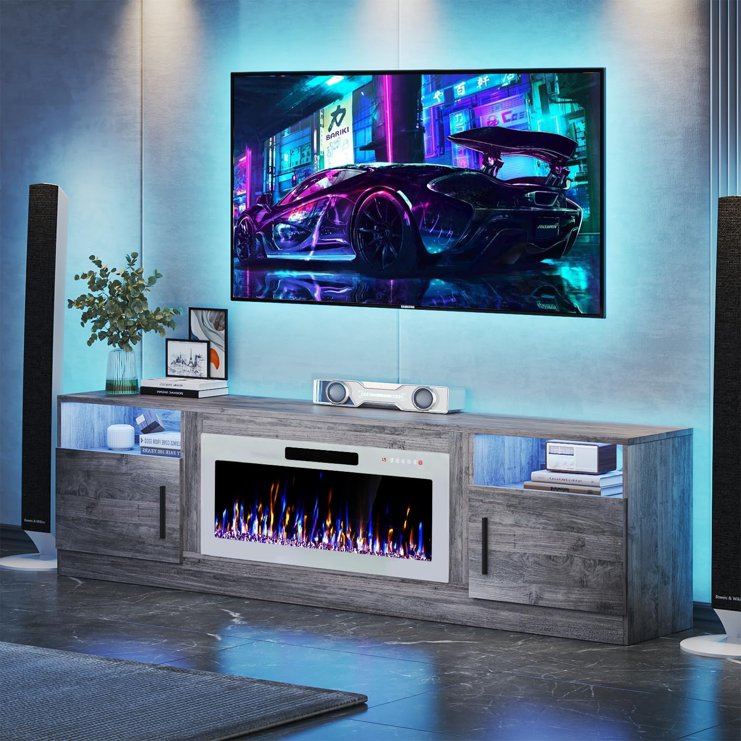VITESSE 58 Inches Fireplace TV Stand for TVs up to 65 Inches Console with 18'' Electric Fireplace & Remote,Wooden Modern Entertainment Center for Living Room with LED Light Glass Shelves（Bei）