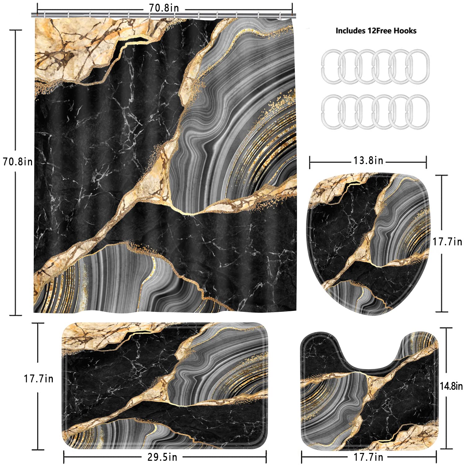 Nkzply 4 Pcs Black Marble Shower Curtain Sets with Rugs Gold Bathroom Sets with Shower Curtain and Rugs Modern Abstract Bathroom Decor Accessories Shower Curtains for Bathroom Toilet Lid Cover