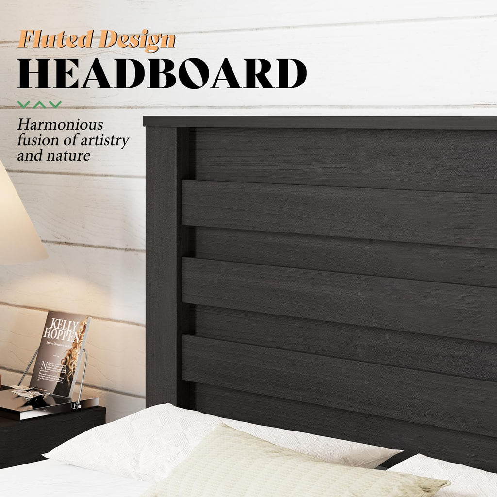 AMERLIFE Farmhouse Full Size Bed Frame with 49" Fluted Headboard, Wood Platform Bed with Natural Grain, No Box Spring Needed/Noise Free, Black