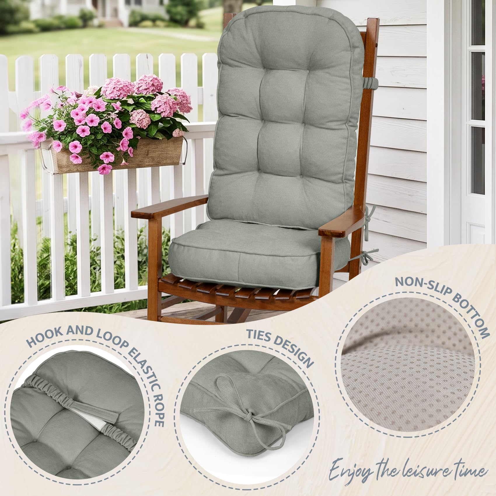 mudilun Rocking Chair Cushion - Non-Slip Tufted 4-Inch Thickened Rocking Chair Cushions with Ties Indoor/Outdoor Wooden Rocking Chair Pad for Living Rooms, Bedrooms, and Balconies