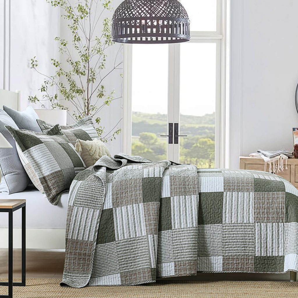 Y-PLWOMEN 100% Cotton Farmhouse Plaid Lightweight 3-Pieces Quilt Set (Blue Brown, Queen90 * 98 Inch)