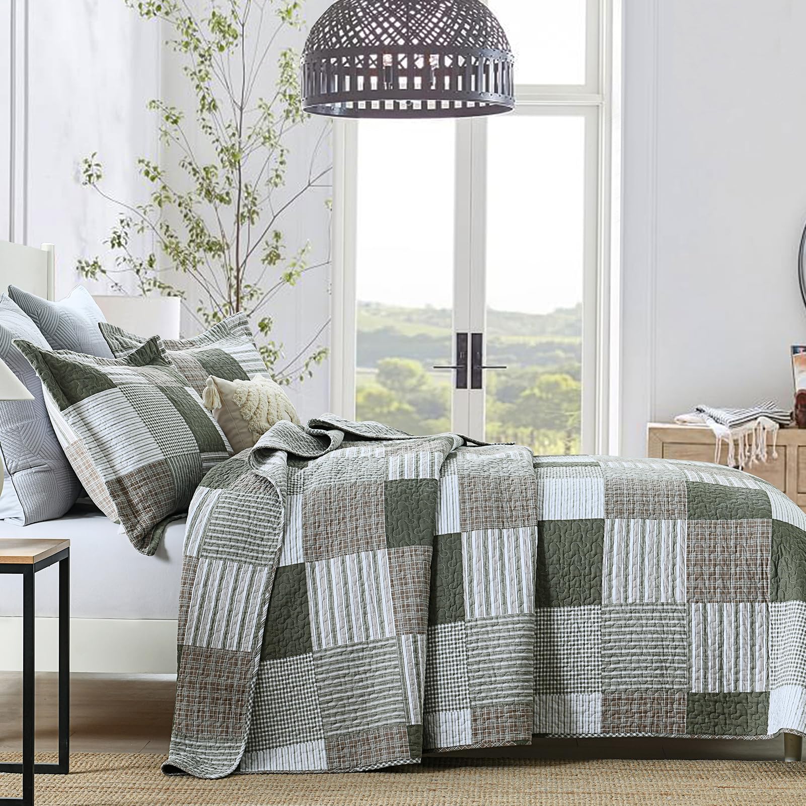 Y-PLWOMEN 100% Cotton Farmhouse Plaid Lightweight 3-Pieces Quilt Set (Blue Brown, Queen90 * 98 Inch)
