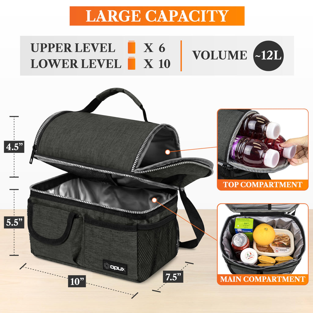 opux Insulated Lunch Bag Women Men, Dual Compartment Leakproof Lunch Box Adults Kids, Double Decker Meal Prep Bento Lunch Cooler Tote with Shoulder Strap for Work Office School Travel, Black