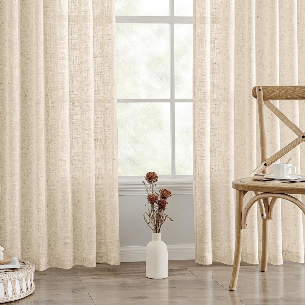 MIULEE Pinch Pleated Linen Curtains 84 Inches Long 2 Panels for Bedroom Living Room, Soft Thick Linen Textured Window Drapes Back Tab Hooks Semi Sheer Light Filtering Farmhouse，Beige