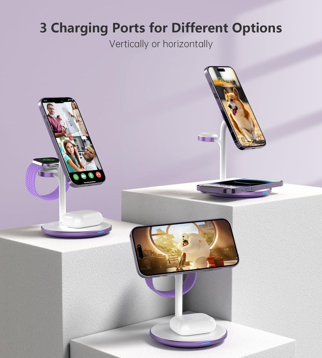 XooFly 3 in 1 Wireless Charging Station for Apple Devices, Fast Wireless Mag-Safe Charger Stand with 20W Adapter for iPhone 17/16 15 14 13 12 Pro Max/Pro/Plus/Air/Mini, iWatch, AirPods (Black)