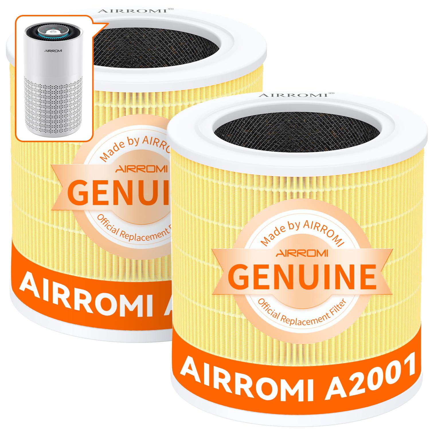 AIRROMI A2001 HEPA Air Purifier Replacement Filter, 3-In-1 Original Filter, Remove 99.97% of 0.3 Micron Particle 2 Pack White Activated Carbon